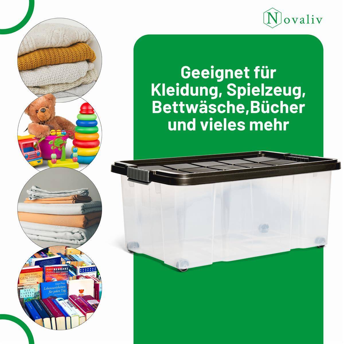 Novaliv Aufbewahrungsbox mit Deckel Groß 45L Anthrazit Nestbar stapelbare Plastikbox mit Clipverschluss Eurobox mit Deckel BPA-frei 61x40x26 cm