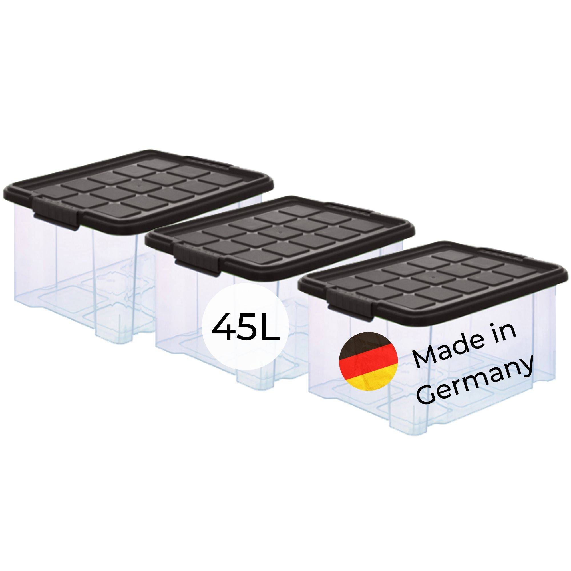 Novaliv 3x Aufbewahrungsboxen mit Deckel Groß 45L Anthrazit Nestbar stapelbar mit Clipverschluss Rollboxen Kunststoff BPA-frei 61x40x26 cm