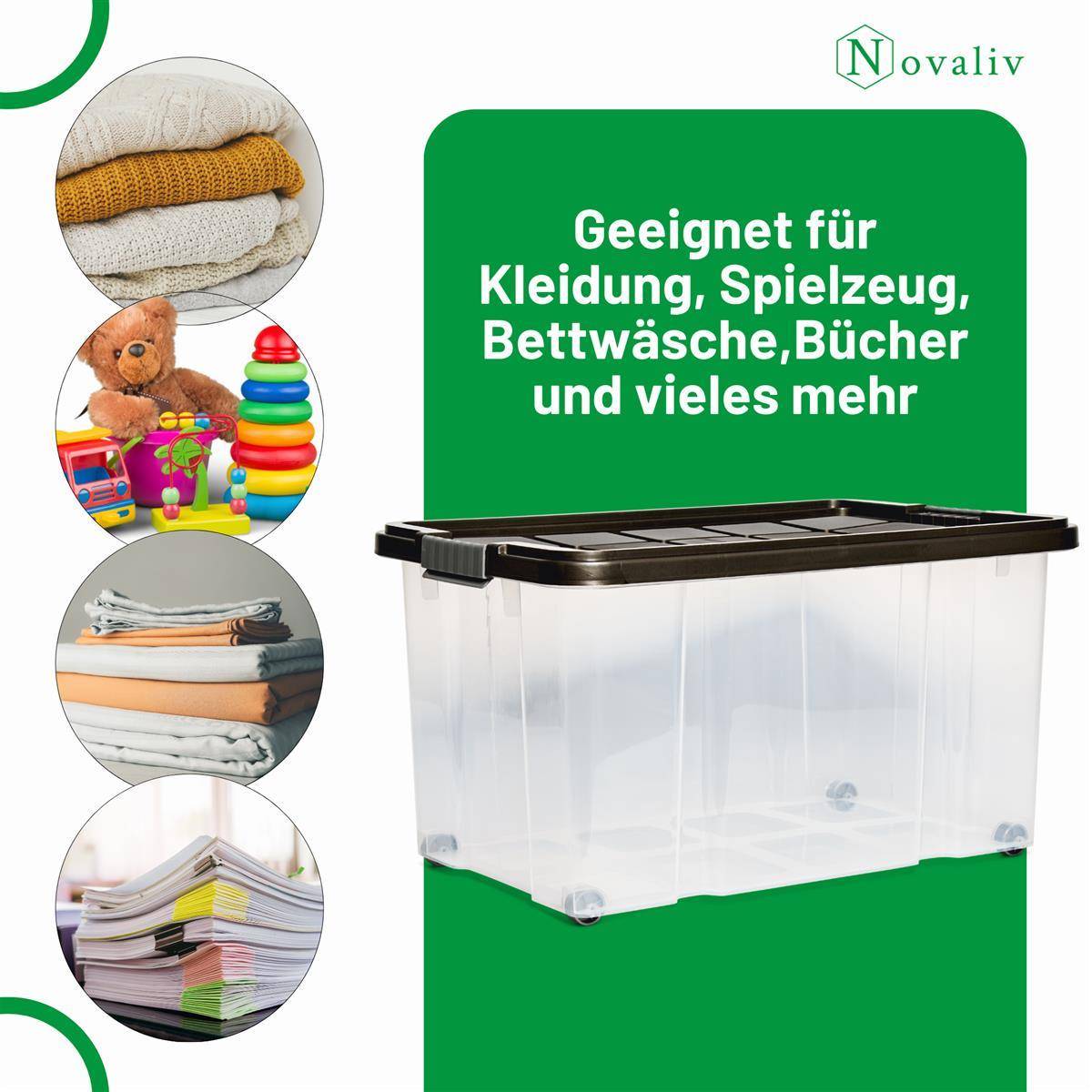 Novaliv Aufbewahrungsbox mit Deckel Groß 55L Anthrazit Nestbar stapelbare Plastikbox mit Clipverschluss Eurobox mit Deckel BPA-frei 61x40x32,5 cm
