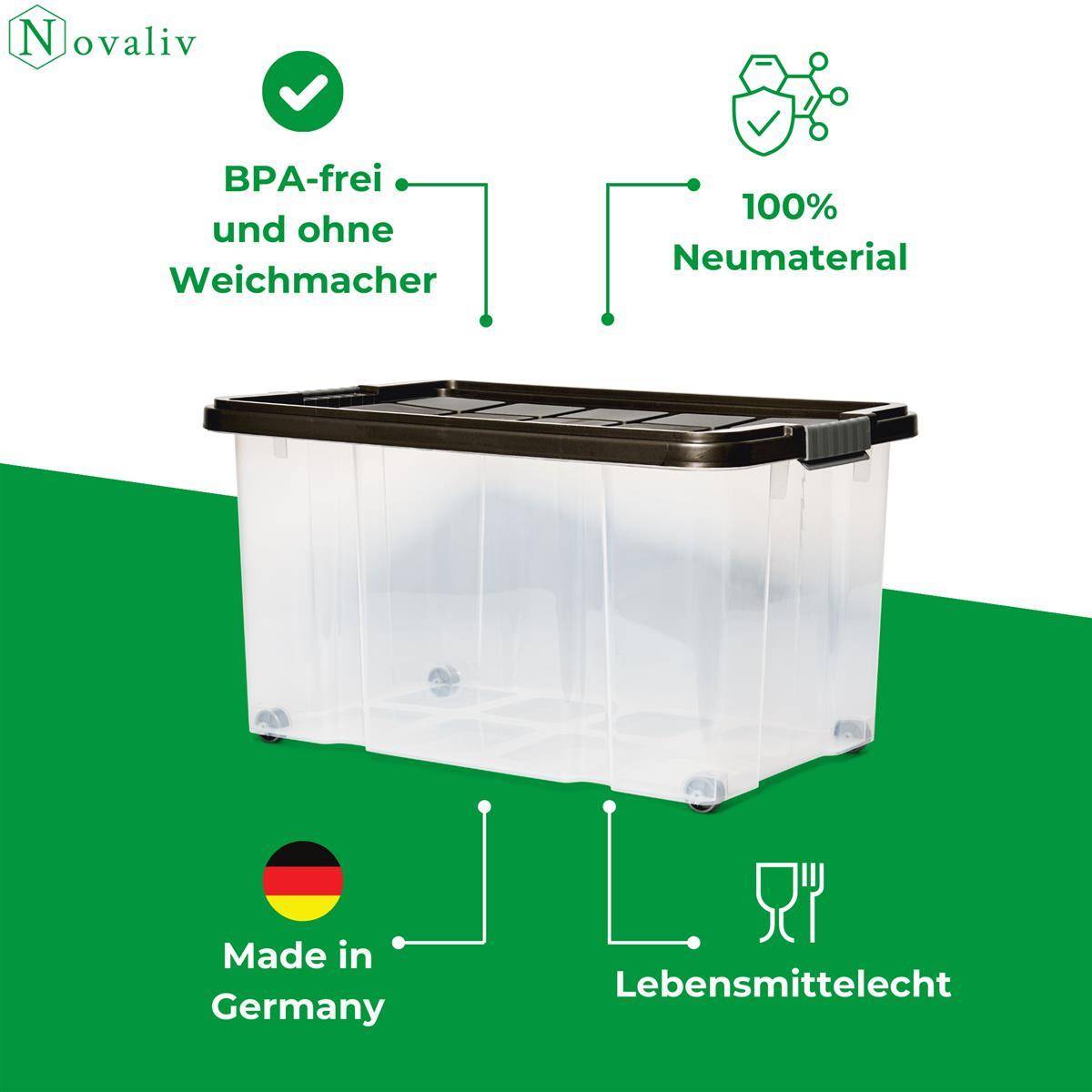 Novaliv Aufbewahrungsbox mit Deckel Groß 55L Anthrazit Nestbar stapelbare Plastikbox mit Clipverschluss Eurobox mit Deckel BPA-frei 61x40x32,5 cm