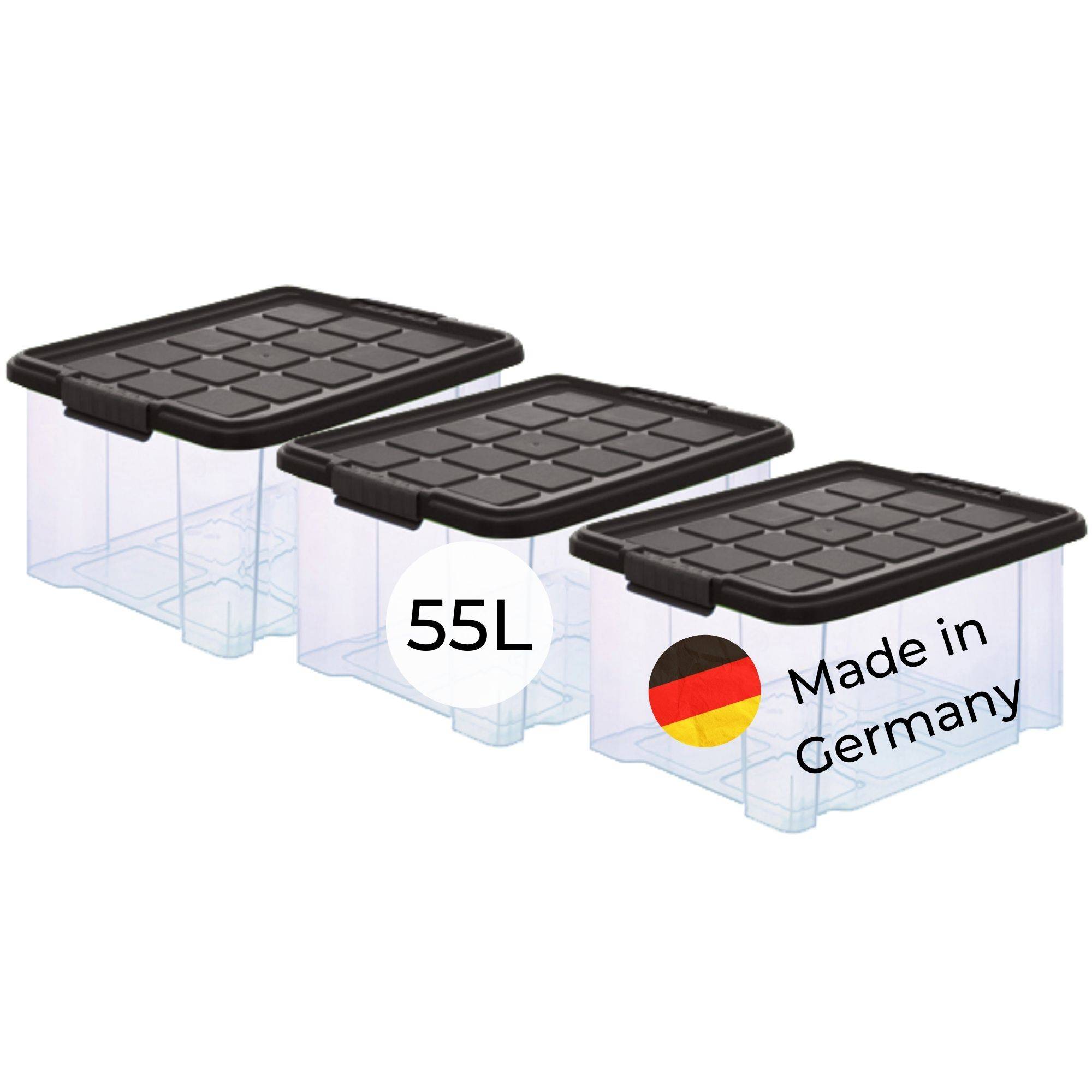 Novaliv 3x Aufbewahrungsboxen mit Deckel Groß 55L Anthrazit Nestbar stapelbar mit Clipverschluss Rollboxen Kunststoff BPA-frei 61x40x32,5 cm