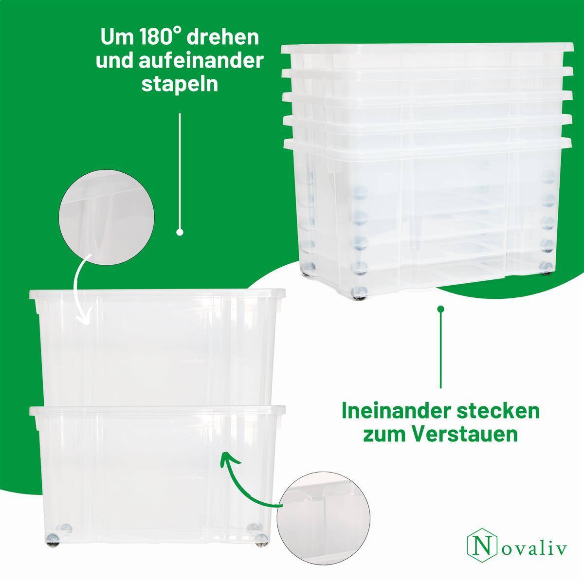 Novaliv 2x Aufbewahrungsboxen mit Deckel Groß 55L Anthrazit Nestbar stapelbar mit Clipverschluss Rollboxen Kunststoff BPA-frei 61x40x32,5 cm