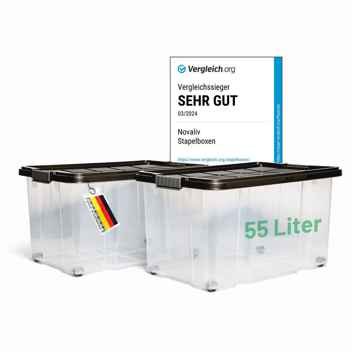 Novaliv 2x Aufbewahrungsboxen mit Deckel Groß 55L Anthrazit Nestbar stapelbar mit Clipverschluss Rollboxen Kunststoff BPA-frei 61x40x32,5 cm