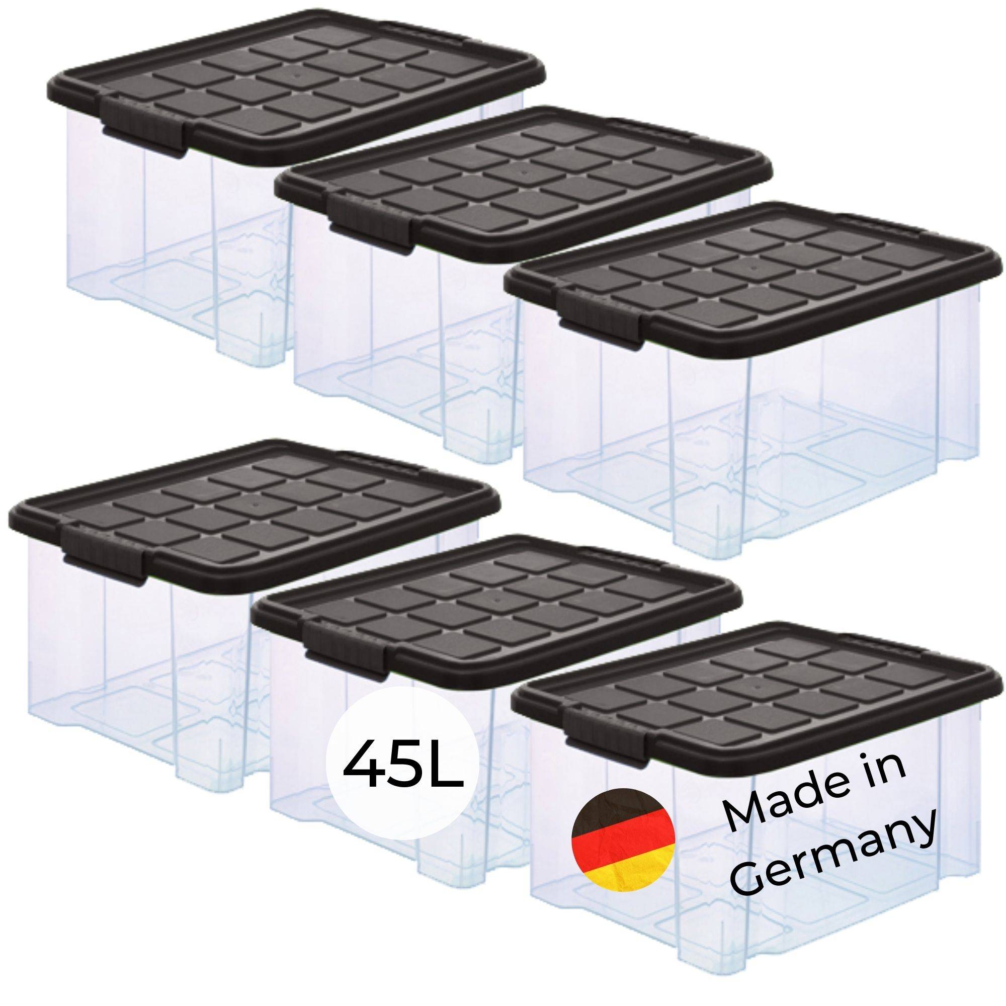 Novaliv 6x Aufbewahrungsboxen mit Deckel Groß 45L Anthrazit Nestbar stapelbar mit Clipverschluss Rollboxen Kunststoff BPA-frei 61x40x26 cm