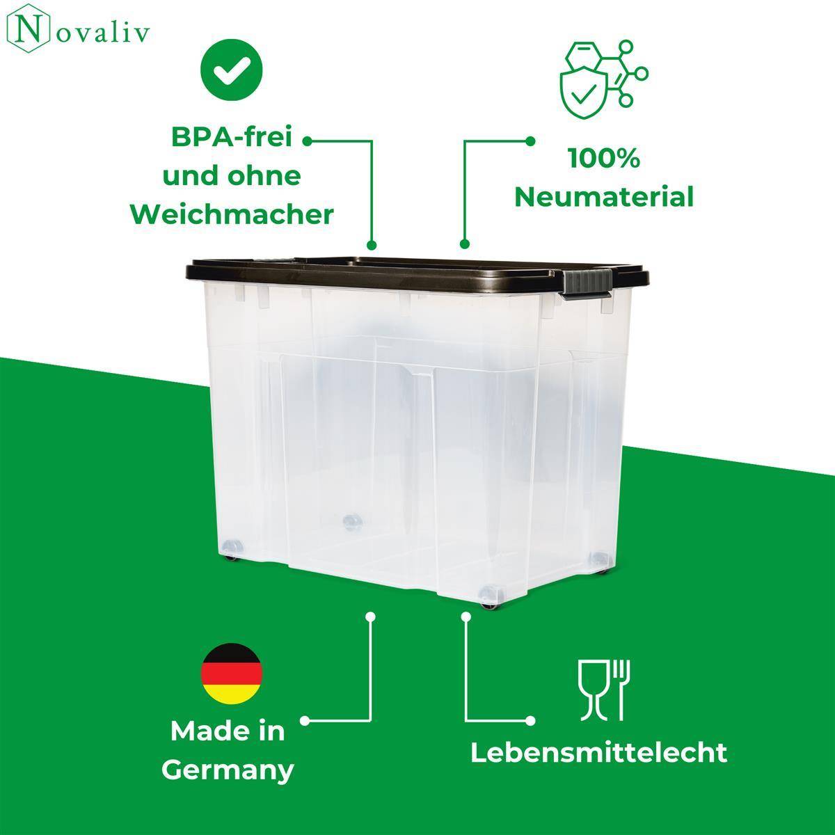 Novaliv XXL Aufbewahrungsbox mit Deckel Groß 80L Anthrazit Nestbar stapelbare Plastikbox mit Clipverschluss Eurobox mit Deckel BPA-frei 61x40x45 cm