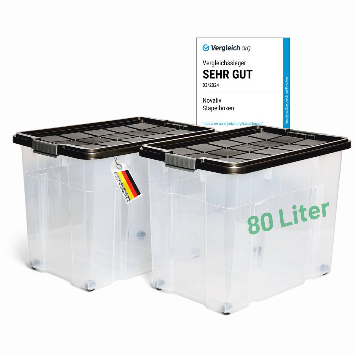 Novaliv 2x Aufbewahrungsboxen mit Deckel Groß 80L Anthrazit nestbar stapelbar mit Clipverschluss Rollboxen Kunststoff BPA-frei 61x40x45 cm