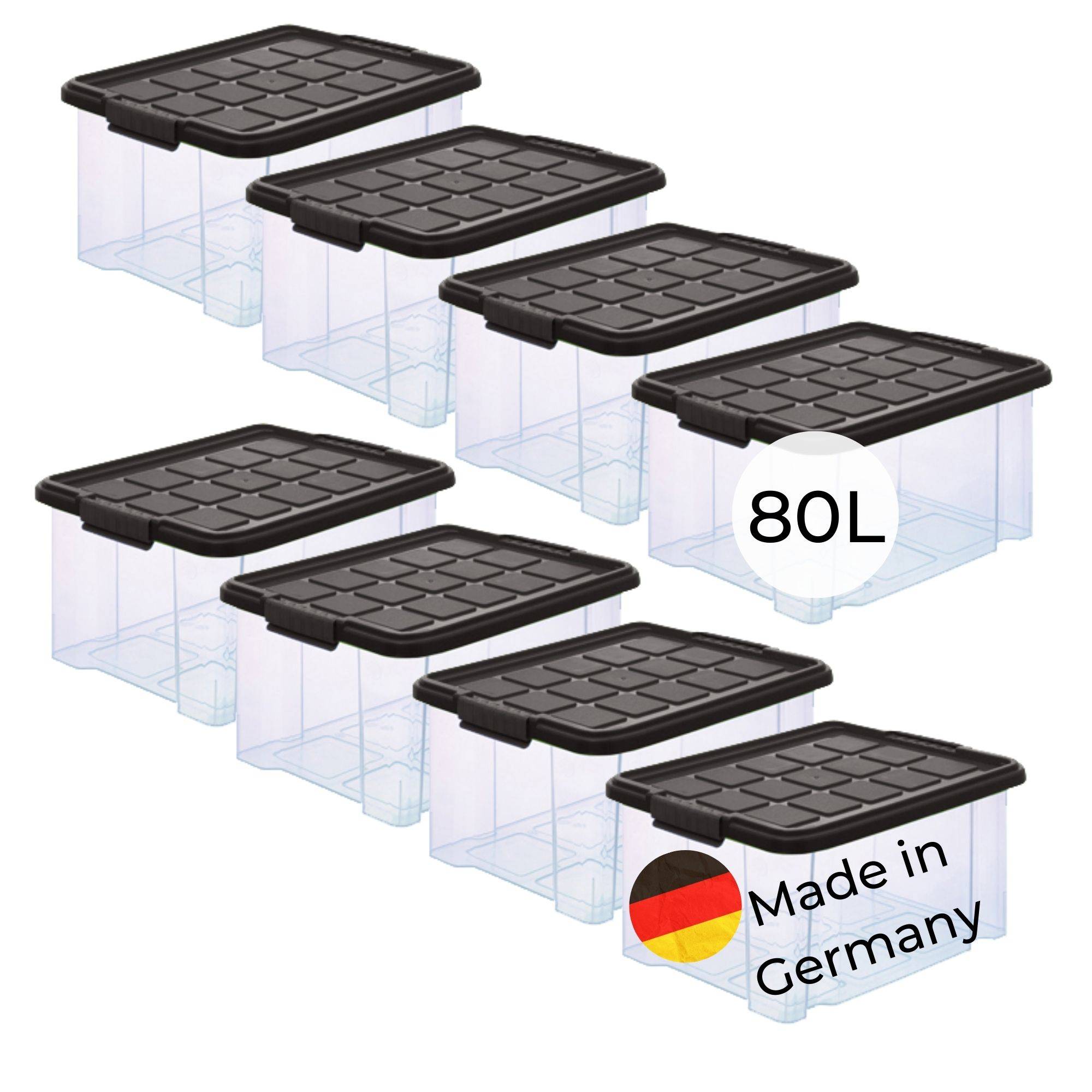 Novaliv 8x Aufbewahrungsboxen mit Deckel Groß 80L Anthrazit nestbar stapelbar mit Clipverschluss Rollboxen Kunststoff BPA-frei 61x40x45 cm