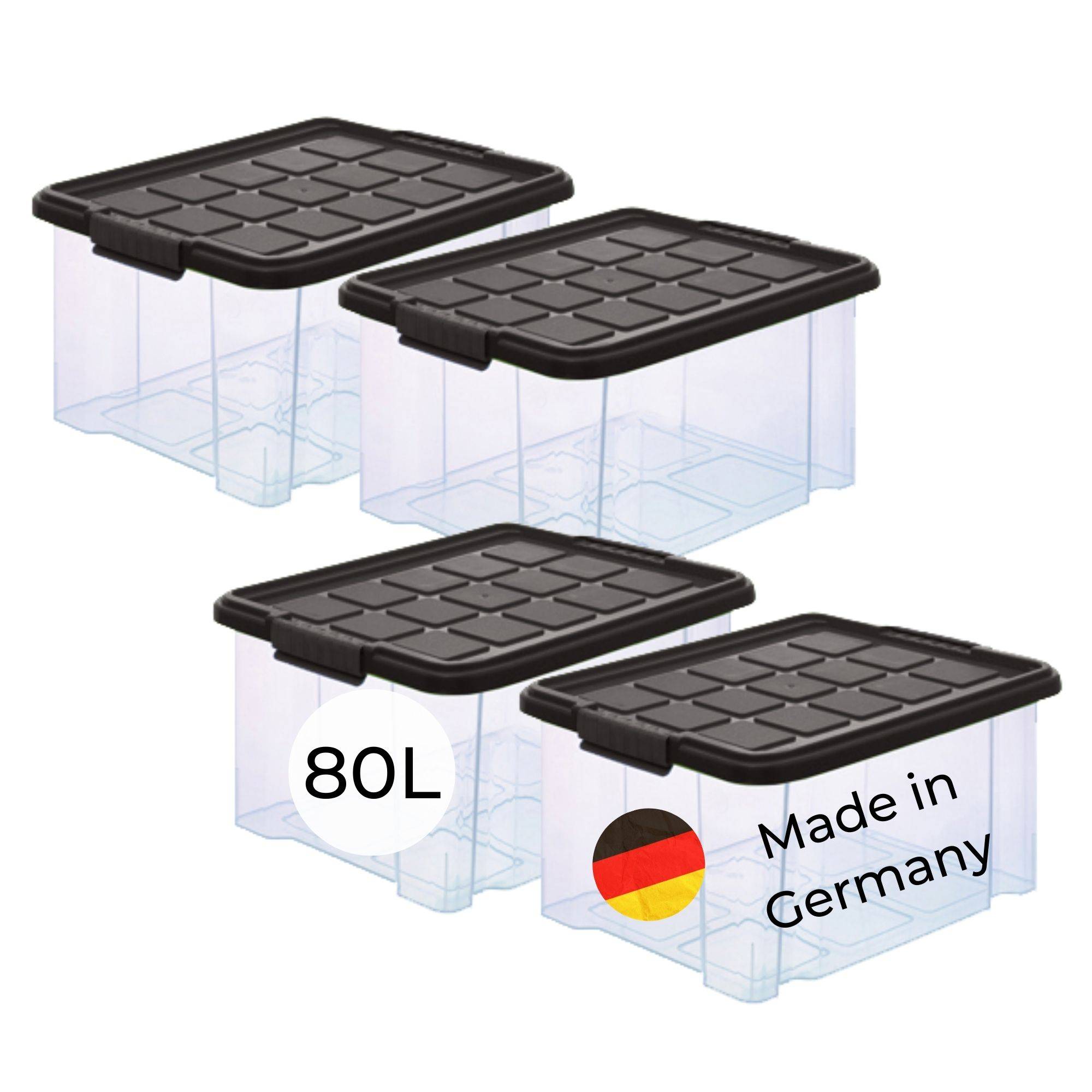 Novaliv 4x Aufbewahrungsboxen mit Deckel Groß 80L Anthrazit nestbar stapelbar mit Clipverschluss Rollboxen Kunststoff BPA-frei 61x40x45 cm