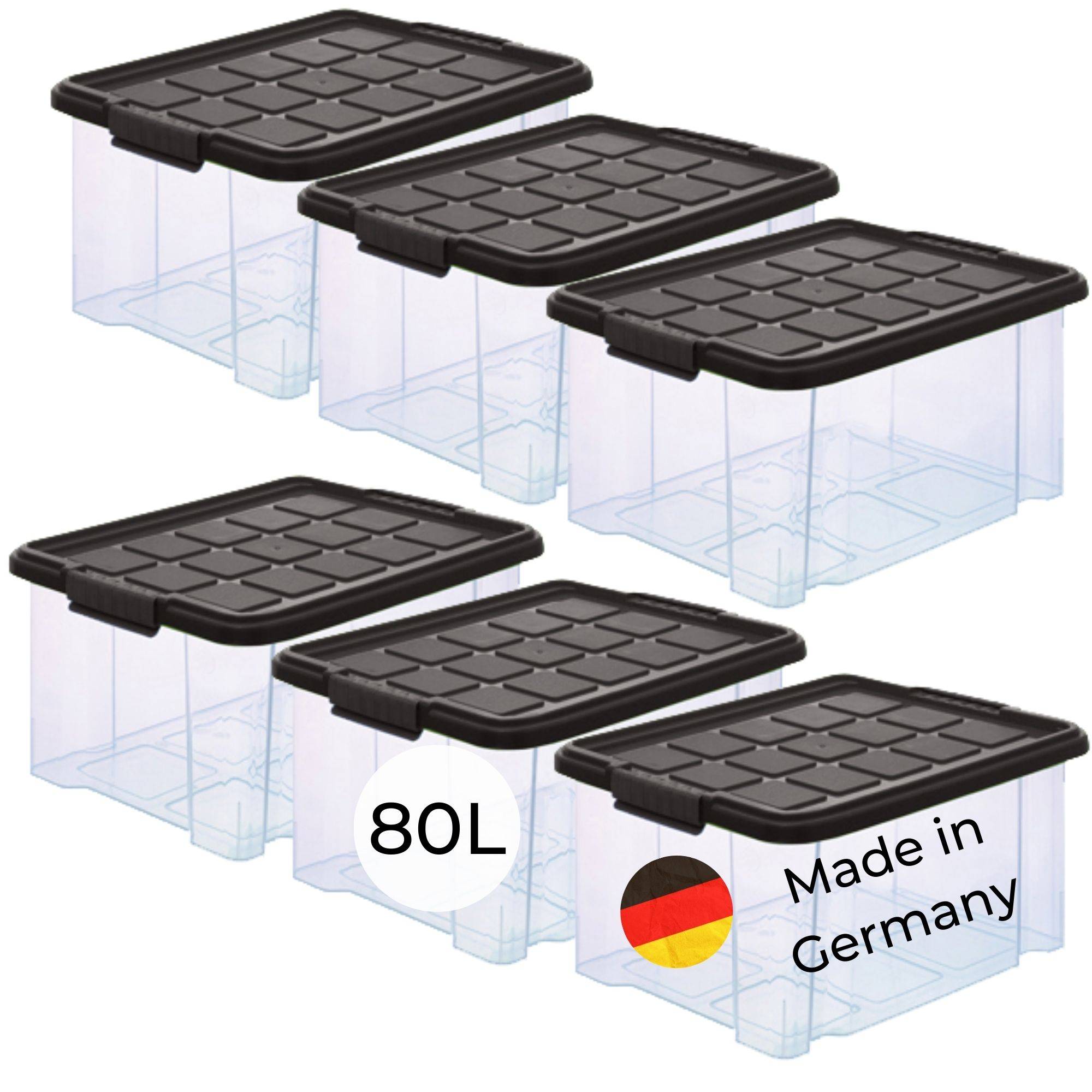 Novaliv 6x Aufbewahrungsboxen mit Deckel Groß 80L Anthrazit nestbar stapelbar mit Clipverschluss Rollboxen Kunststoff BPA-frei 61x40x45 cm