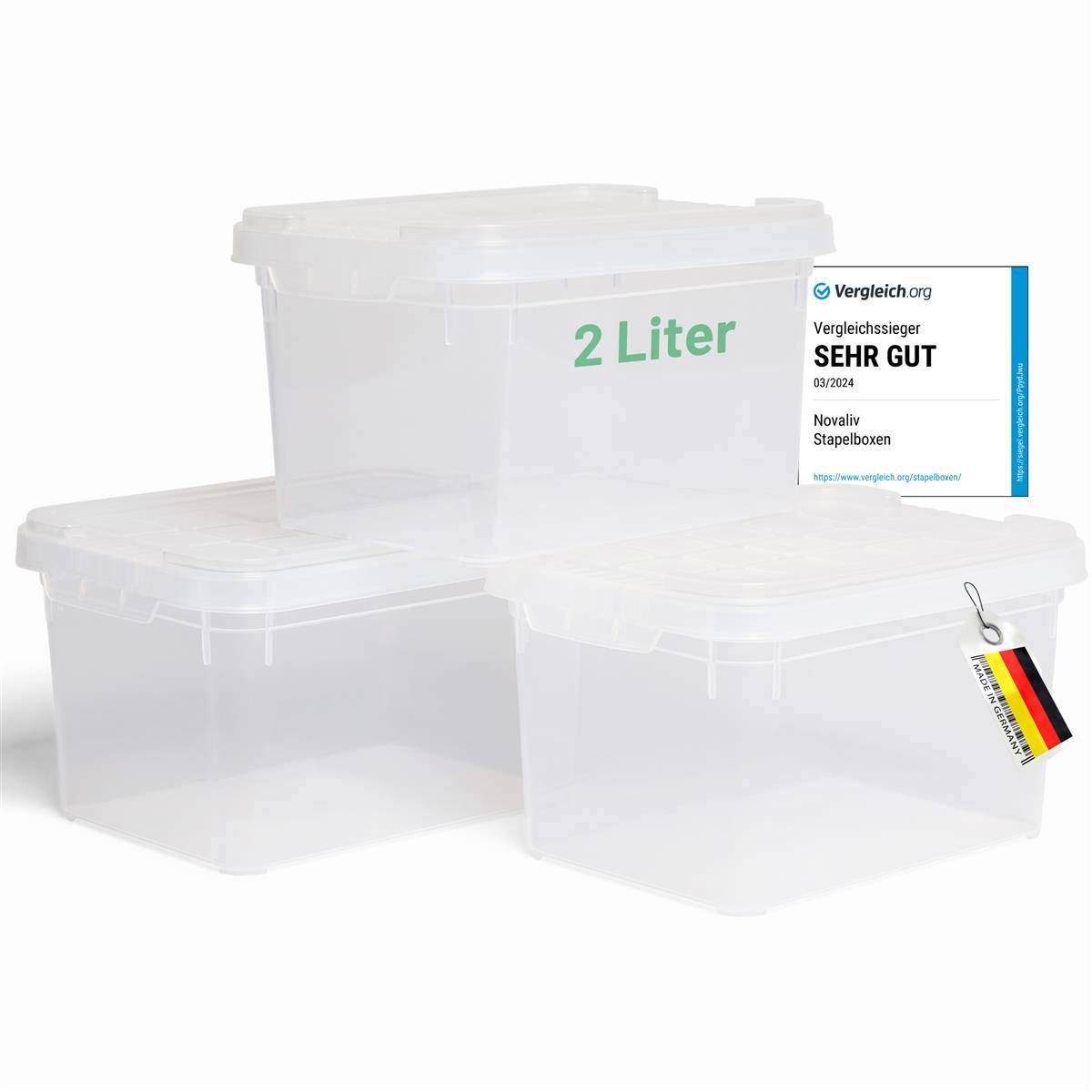 Novaliv 3x Aufbewahrungsboxen mit Deckel klein 2 L transparente Nestbar stapelbare Plastikboxen mit Clipverschluss Kunststoff BPA-frei 19 x 14 x 11