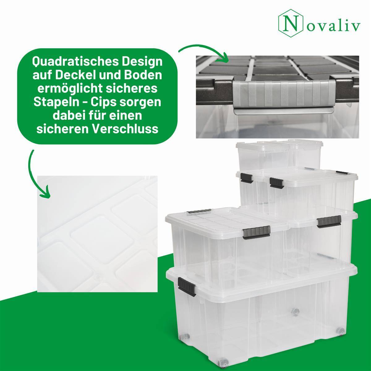 Novaliv 2x Aufbewahrungsboxen mit Deckel 5L transparente Nestbar stapelbare Storage boxes mit Clipverschluss Kunststoff BPA-frei 30 x 19 x 14 cm