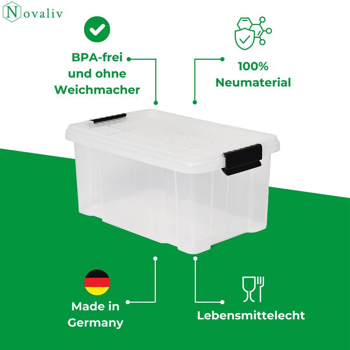 Novaliv Aufbewahrungsbox mit Deckel 5L transparente Nestbar stapelbare Plastikbox mit Clipverschluss Eurobox Kunststoff BPA-frei 30 x 19 x 14 cm