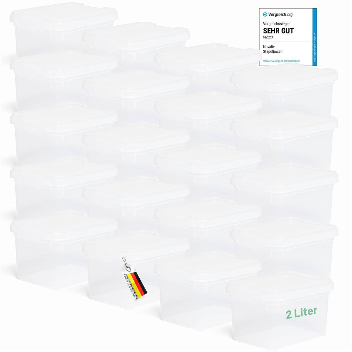 Novaliv 20x Aufbewahrungsboxen mit Deckel klein 2 L transparente Nestbar stapelbare Plastikboxen mit Clipverschluss Kunststoff BPA-frei 19 x 14
