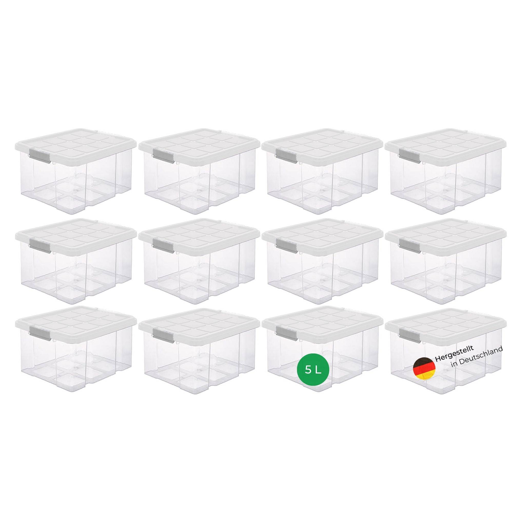 Novaliv 12x Aufbewahrungsboxen mit Deckel 5L transparente Nestbar stapelbare Storage boxes mit Clipverschluss Kunststoff BPA-frei 30 x 19 x 14 cm