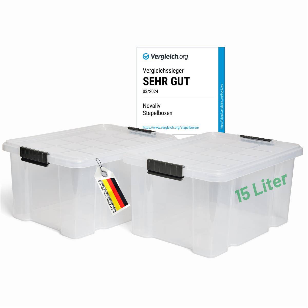 Novaliv 2x Aufbewahrungsboxen mit Deckel 15L transparente Nestbar stapelbare Storage boxes mit Clipverschluss Kunststoffbox BPA-frei 41 x 29 x 20 cm