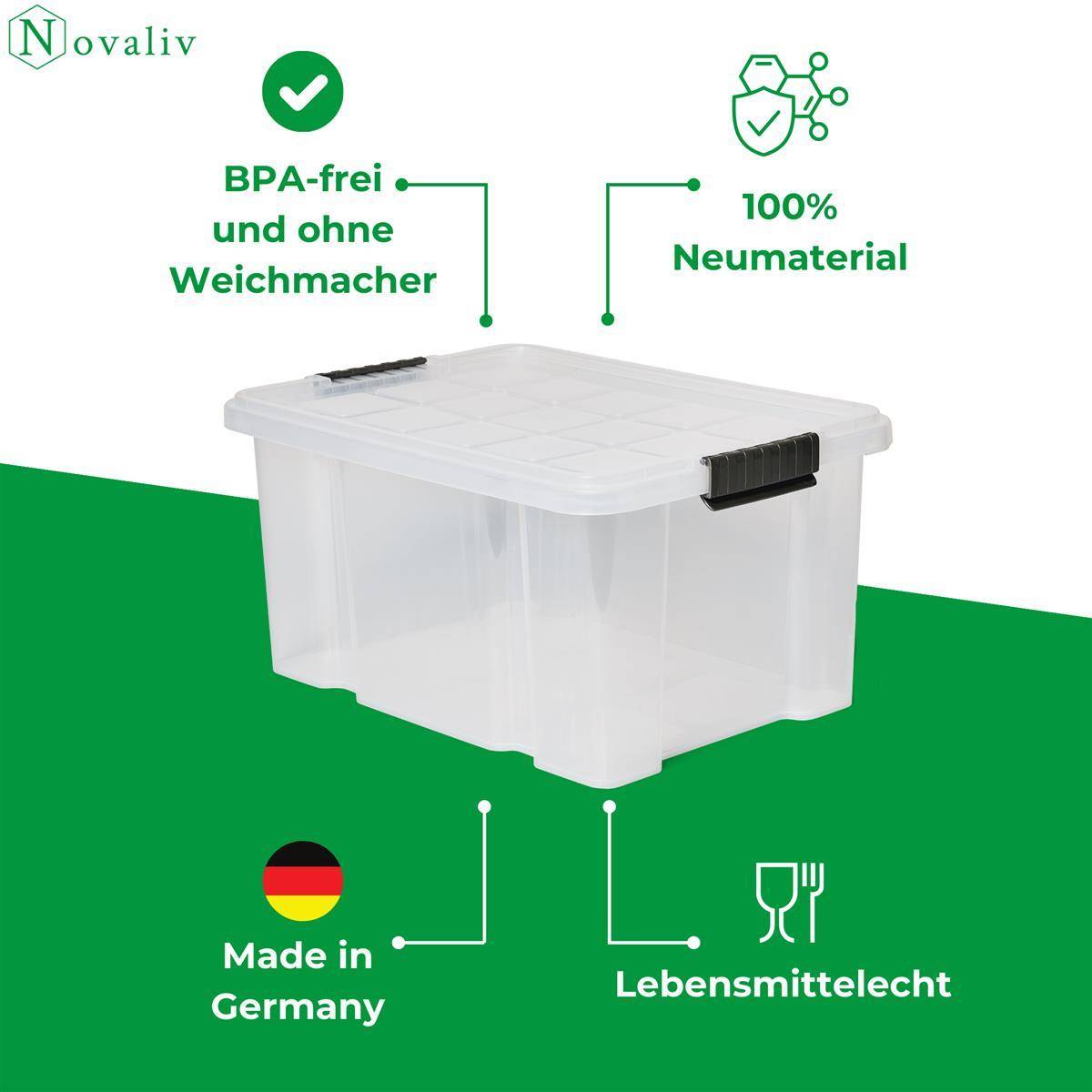 Novaliv 2x Aufbewahrungsboxen mit Deckel 15L transparente Nestbar stapelbare Storage boxes mit Clipverschluss Kunststoffbox BPA-frei 41 x 29 x 20 cm