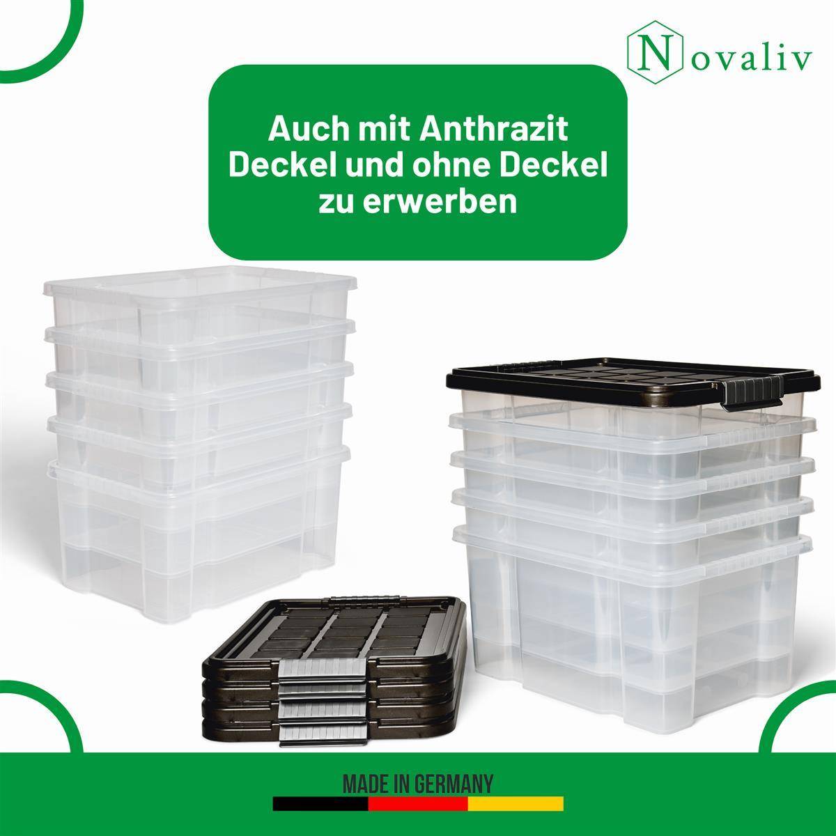 Novaliv Aufbewahrungsbox mit Deckel 15L transparente Nestbar stapelbare Plastikbox mit Clipverschluss Eurobox Kunststoffbox BPA-frei 41 x 29 x 20 cm
