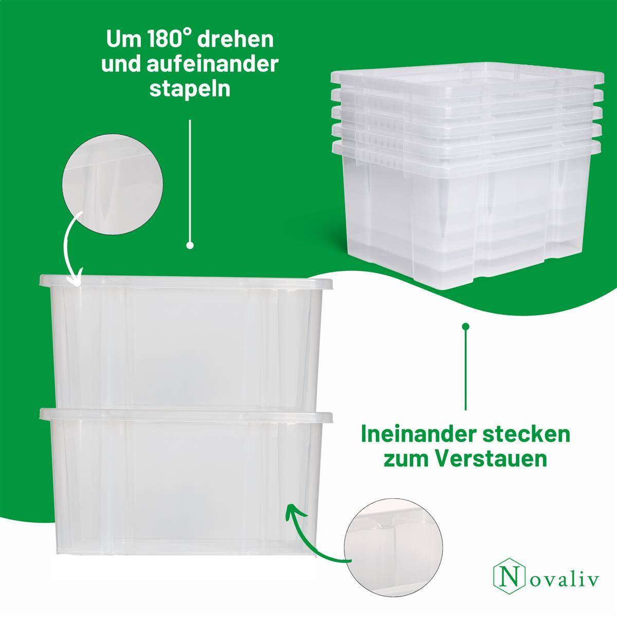 Novaliv Aufbewahrungsbox mit Deckel 27L transparente Nestbar stapelbare Plastikbox mit Clipverschluss Eurobox Kunststoffbox BPA-frei 46,5x36,5x24 cm