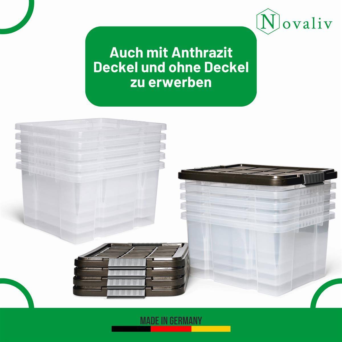 Novaliv Aufbewahrungsbox mit Deckel 27L transparente Nestbar stapelbare Plastikbox mit Clipverschluss Eurobox Kunststoffbox BPA-frei 46,5x36,5x24 cm