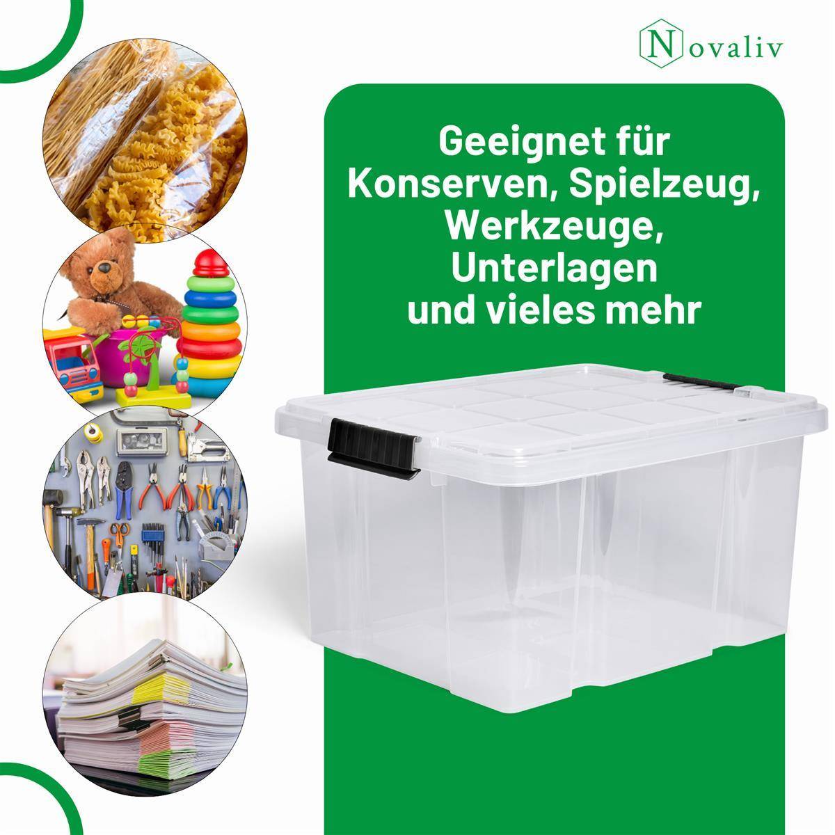 Novaliv Aufbewahrungsbox mit Deckel 27L transparente Nestbar stapelbare Plastikbox mit Clipverschluss Eurobox Kunststoffbox BPA-frei 46,5x36,5x24 cm