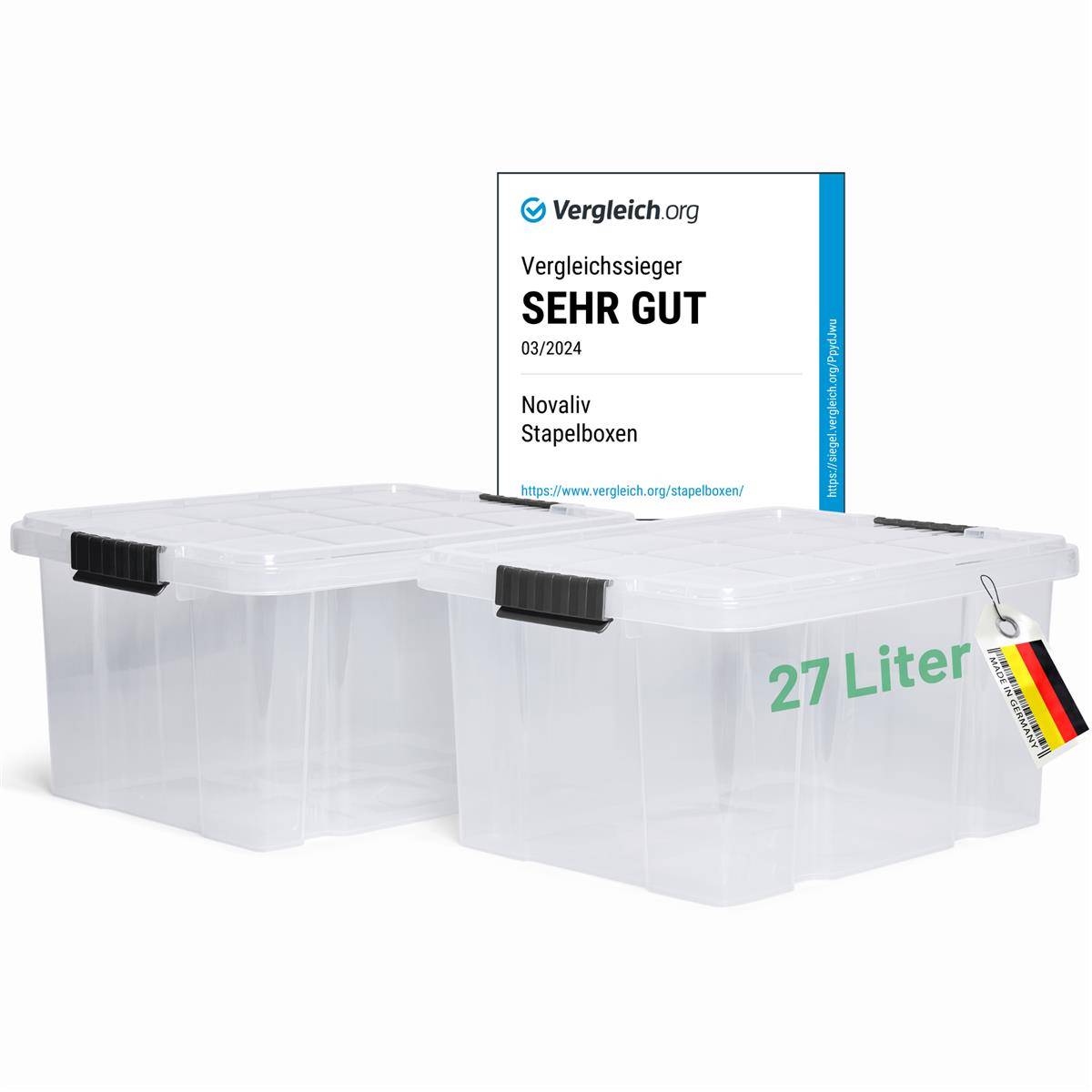 Novaliv 2x Aufbewahrungsboxen mit Deckel 27L transparente Nestbar stapelbare Storage boxes mit Clipverschluss Kunststoffbox BPA-frei 46,5x36,5x24 cm