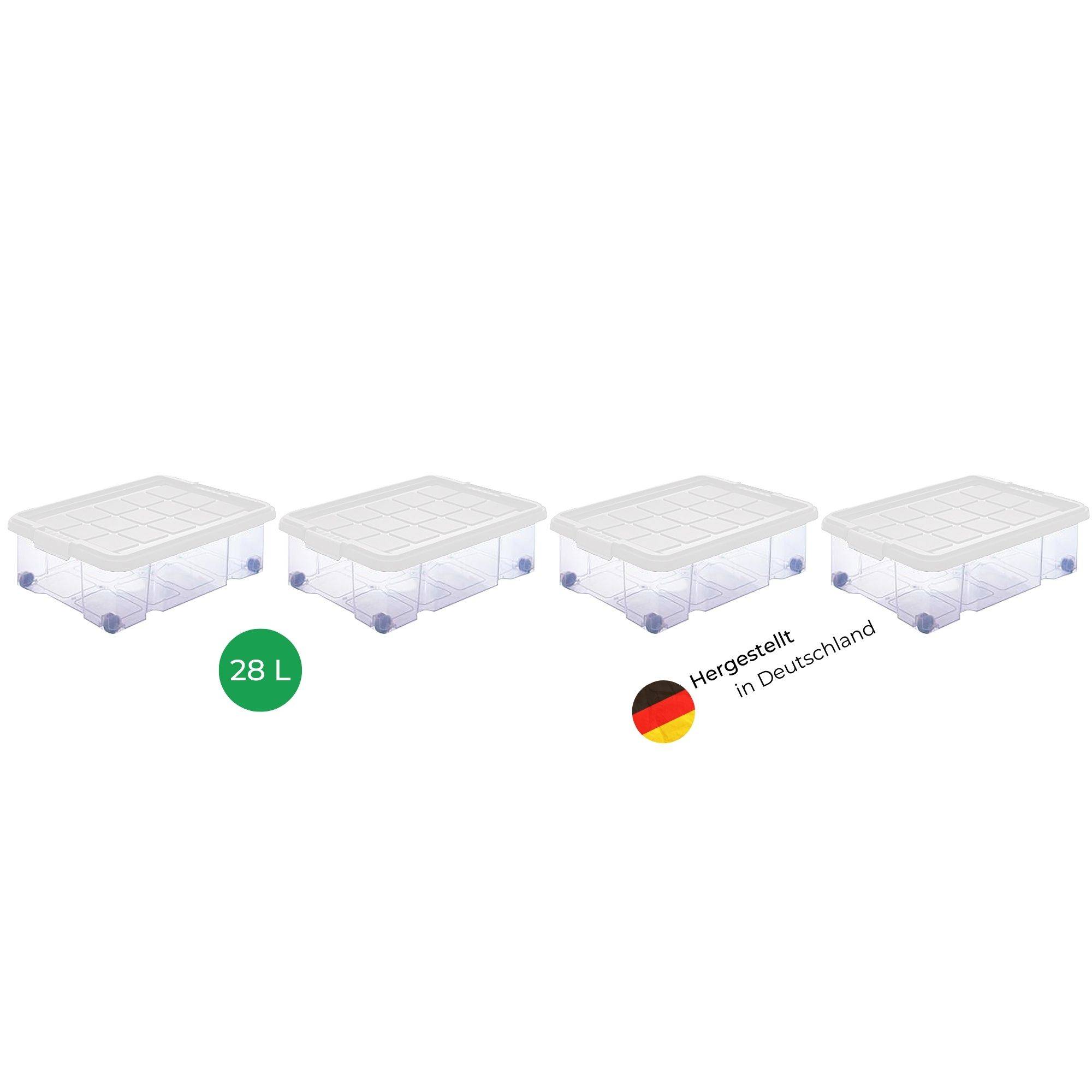 Novaliv 4x Unterbettkommode mit Rollen 28L Aufbewahrungsbox Deckel transparente Nestbar stapelbare mit Clipverschluss Rollkiste BPA-frei 61x40x17 cm