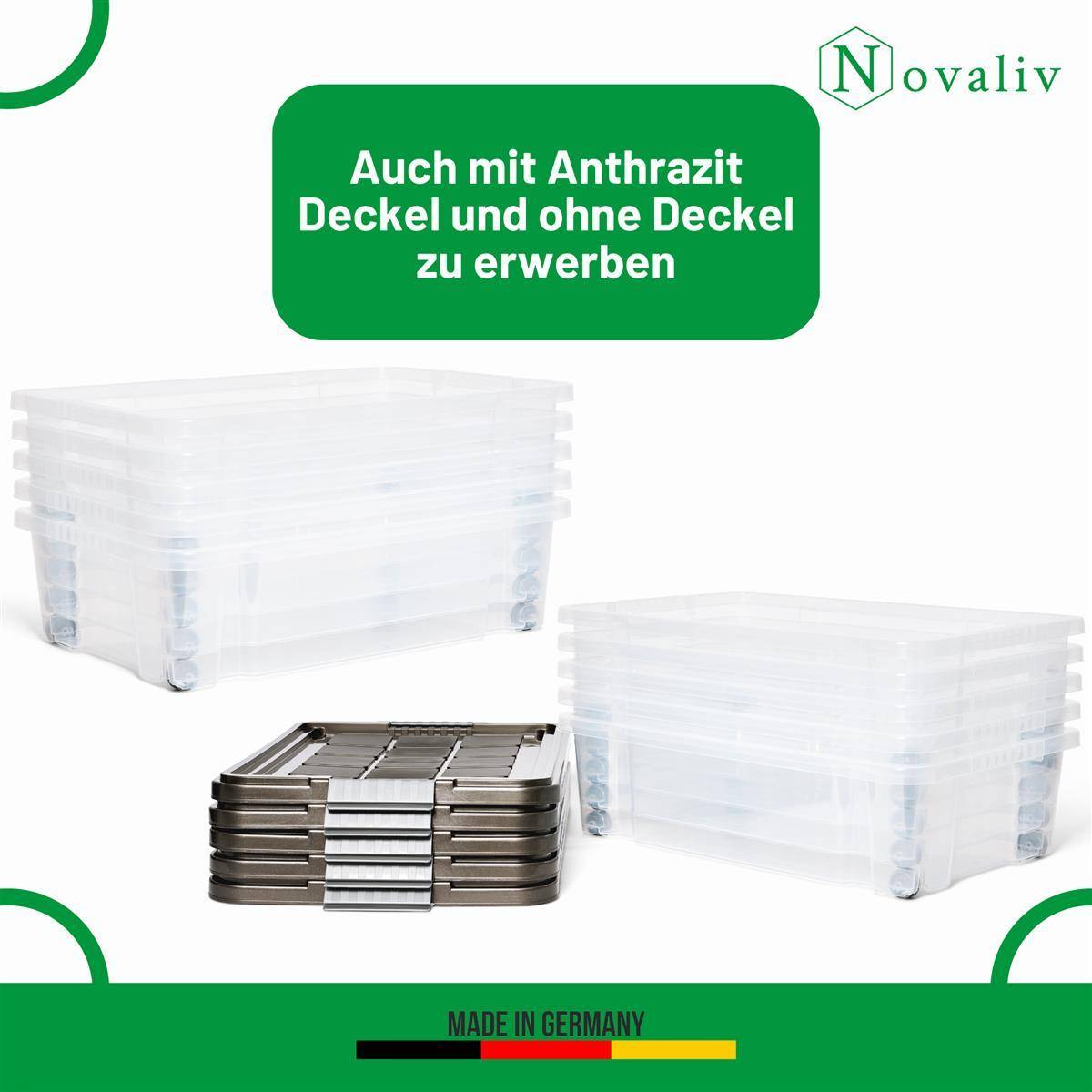 Novaliv 2x Unterbettkommode mit Rollen 28L Aufbewahrungsbox Deckel transparente Nestbar stapelbare mit Clipverschluss Rollkiste BPA-frei 61x40x17 cm