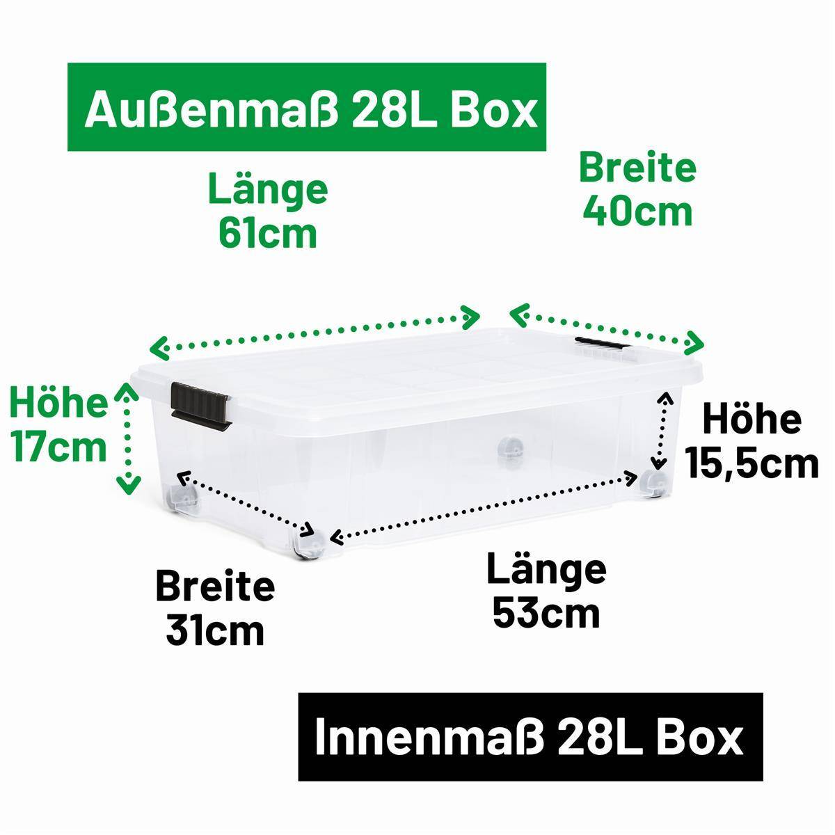 Novaliv 2x Unterbettkommode mit Rollen 28L Aufbewahrungsbox Deckel transparente Nestbar stapelbare mit Clipverschluss Rollkiste BPA-frei 61x40x17 cm