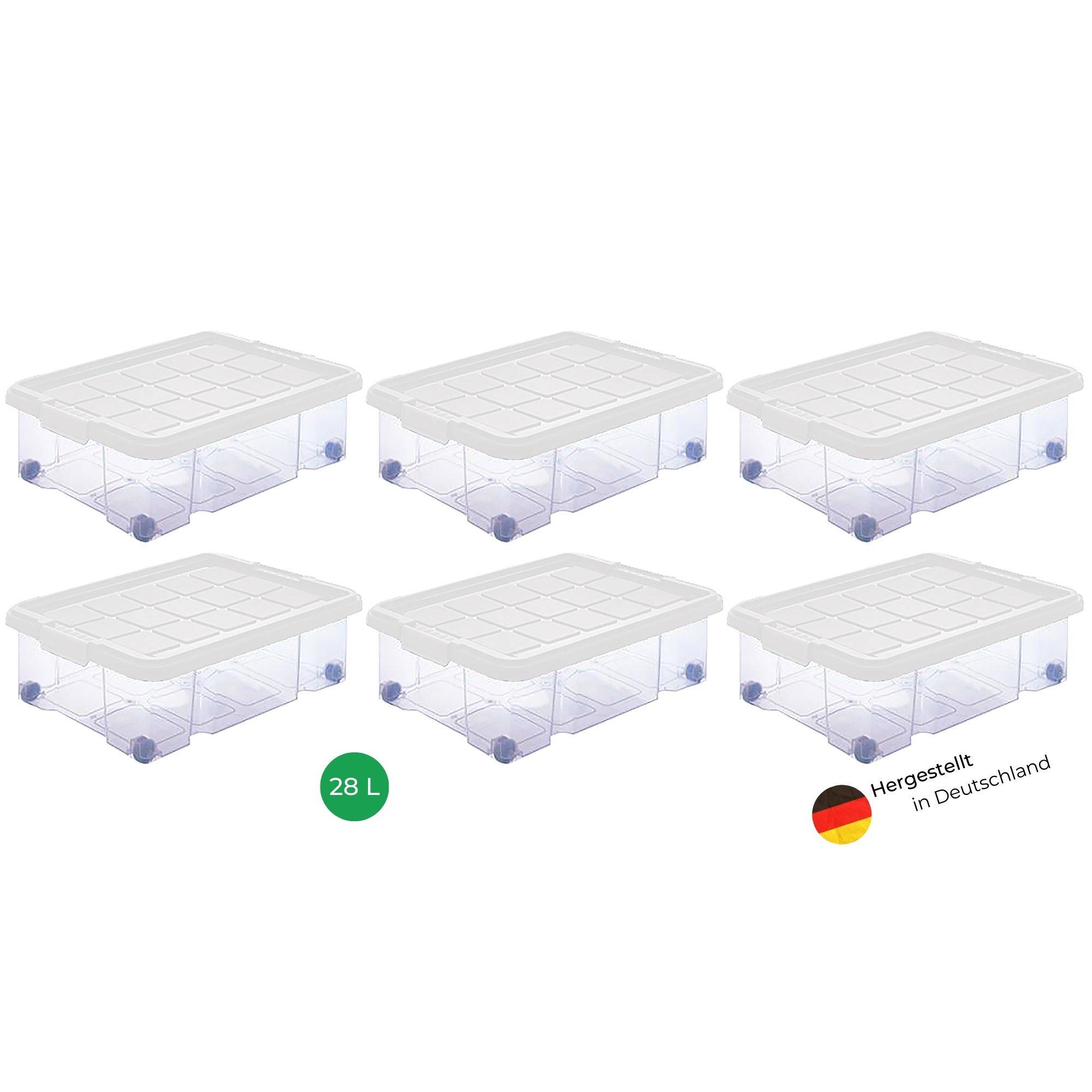 Novaliv 6x Unterbettkommode mit Rollen 28L Aufbewahrungsbox Deckel transparente Nestbar stapelbare mit Clipverschluss Rollkiste BPA-frei 61x40x17 cm