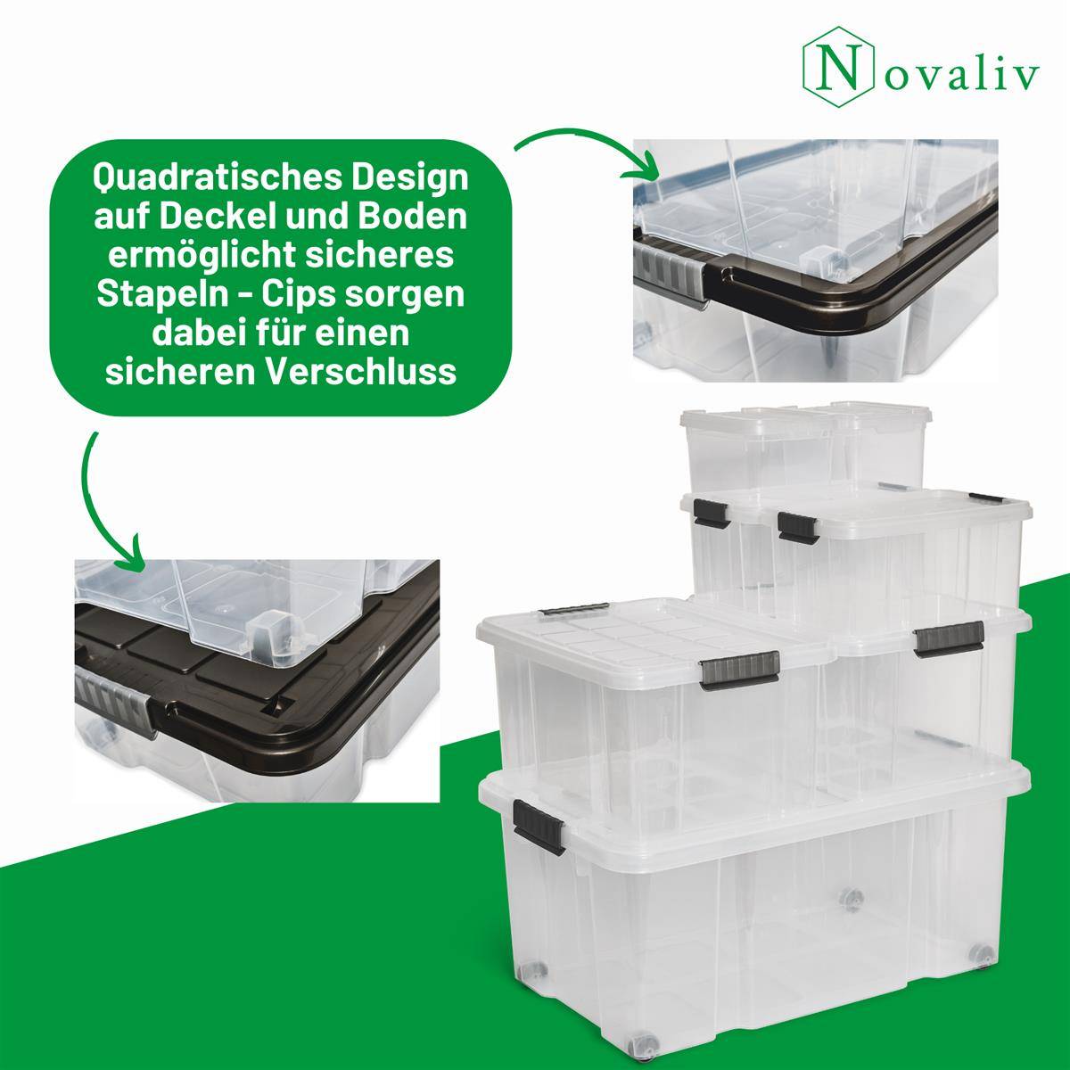 Novaliv Aufbewahrungsbox mit Deckel Groß 45L transparente Nestbar stapelbare Plastikbox mit Clipverschluss Eurobox mit Deckel BPA-frei 61x40x26 cm