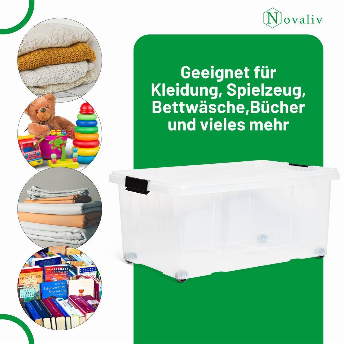 Novaliv Aufbewahrungsbox mit Deckel Groß 45L transparente Nestbar stapelbare Plastikbox mit Clipverschluss Eurobox mit Deckel BPA-frei 61x40x26 cm