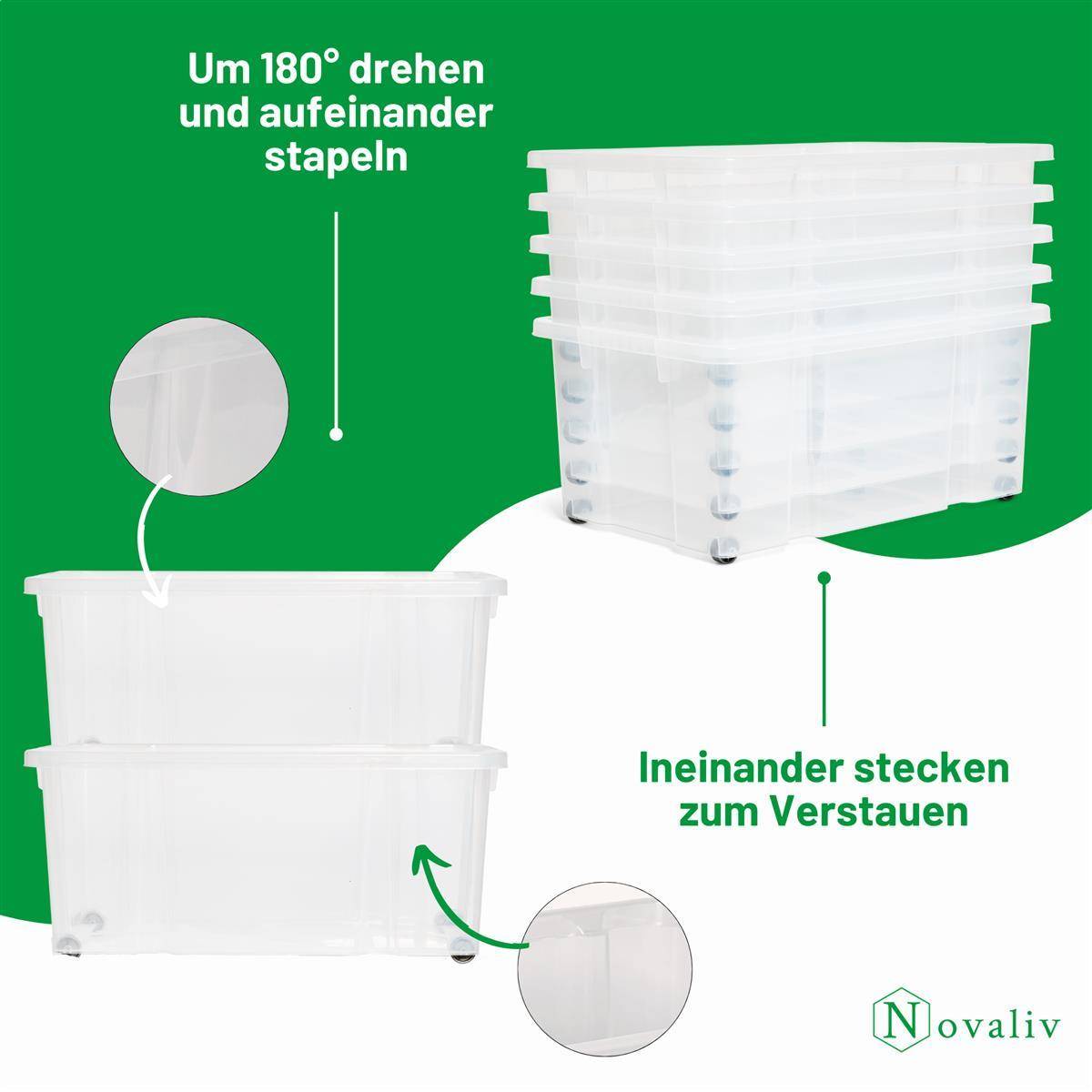 Novaliv Aufbewahrungsbox mit Deckel Groß 45L transparente Nestbar stapelbare Plastikbox mit Clipverschluss Eurobox mit Deckel BPA-frei 61x40x26 cm