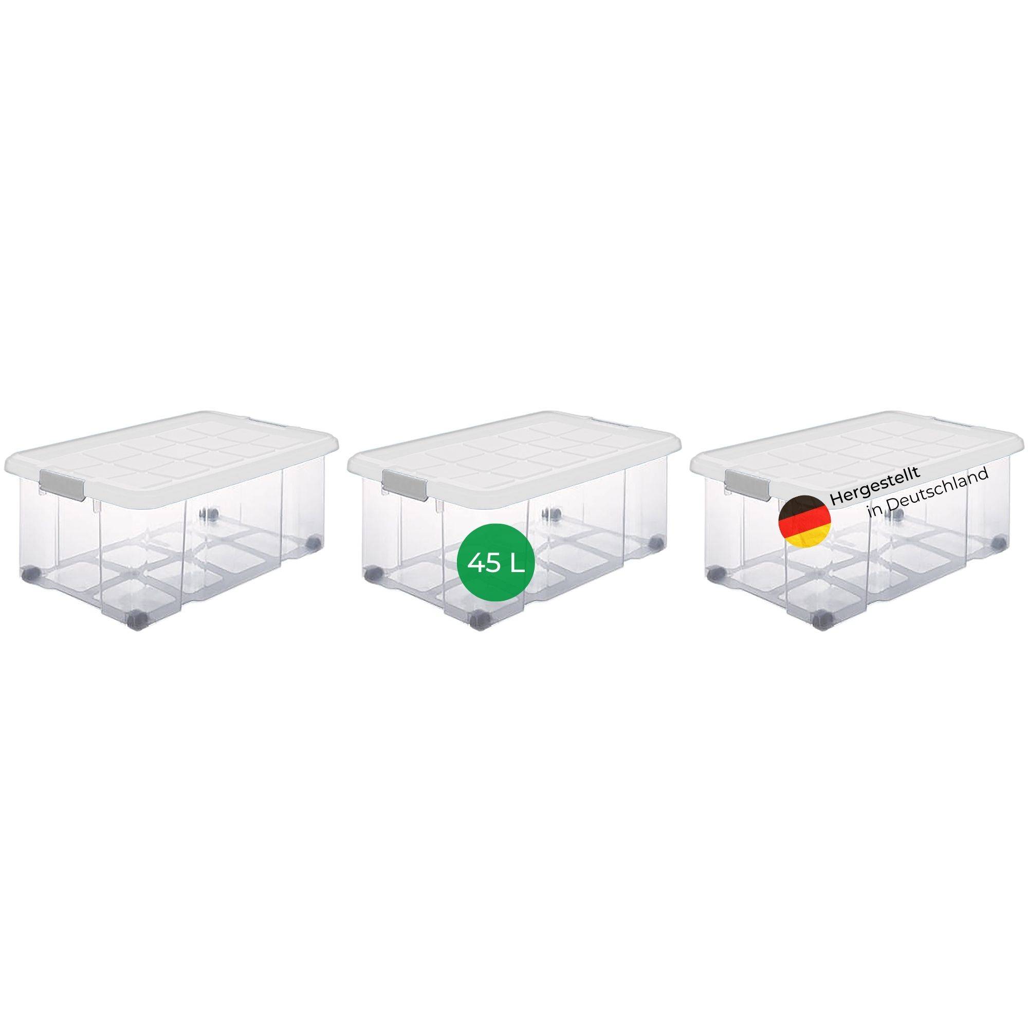 Novaliv 3x Aufbewahrungsboxen mit Deckel Groß 45L transparente Nestbar stapelbar mit Clipverschluss Rollboxen Kunststoff BPA-frei 61x40x26 cm