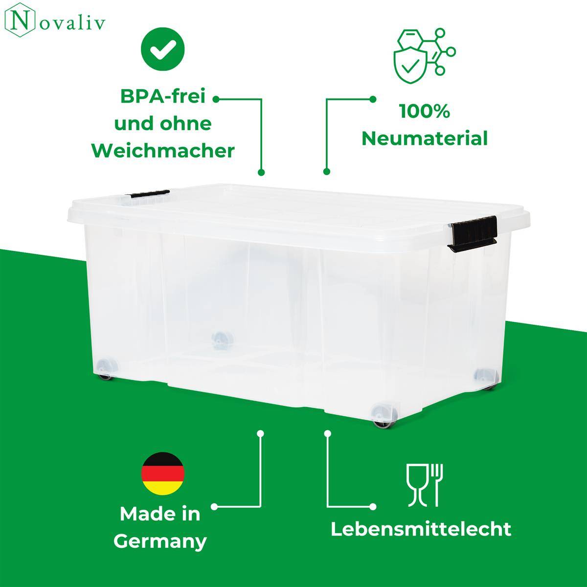 Novaliv 2x Aufbewahrungsboxen mit Deckel Groß 45L transparente Nestbar stapelbar mit Clipverschluss Rollboxen Kunststoff BPA-frei 61x40x26 cm