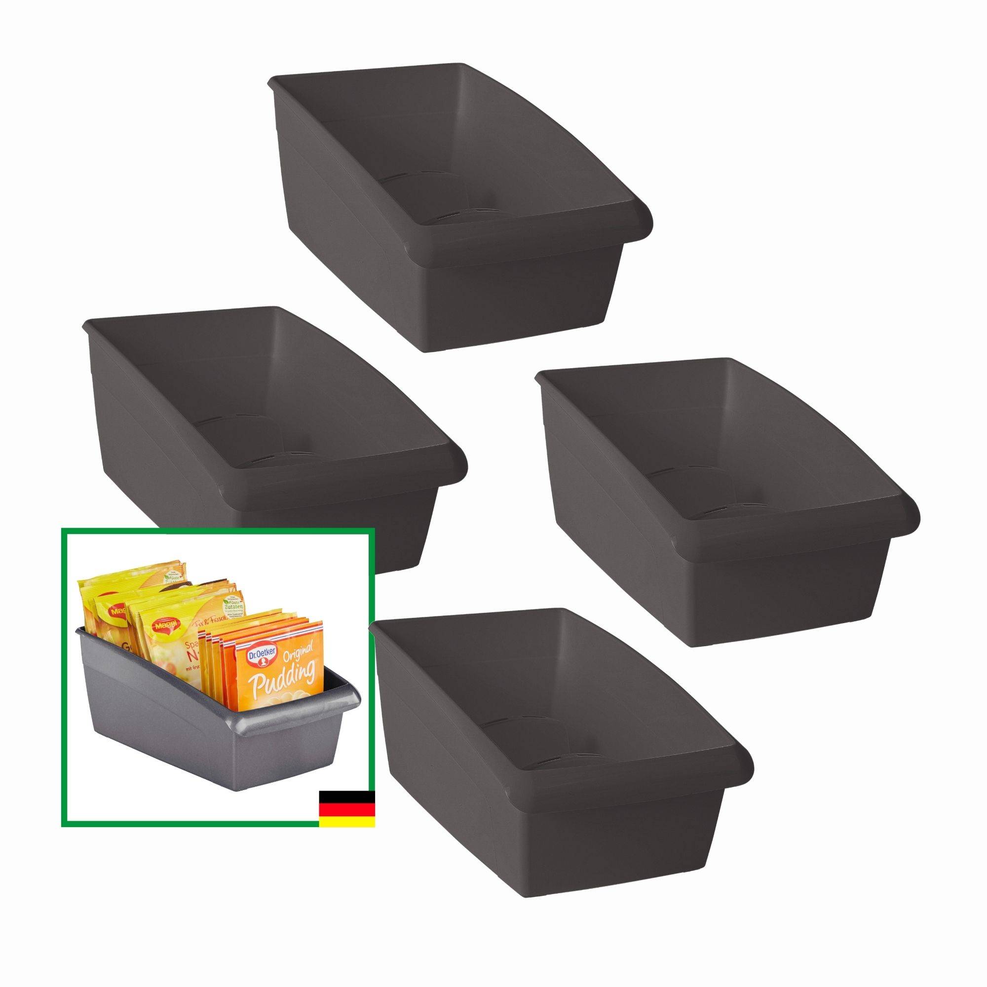 Novaliv Suppentütenbox 4er Sparset Schubladen Organizer Küche - 25 x 12 cm ANTHRAZIT GRAU Gewürzaufbewahrung Box - Ordnungssystem für Schubladen