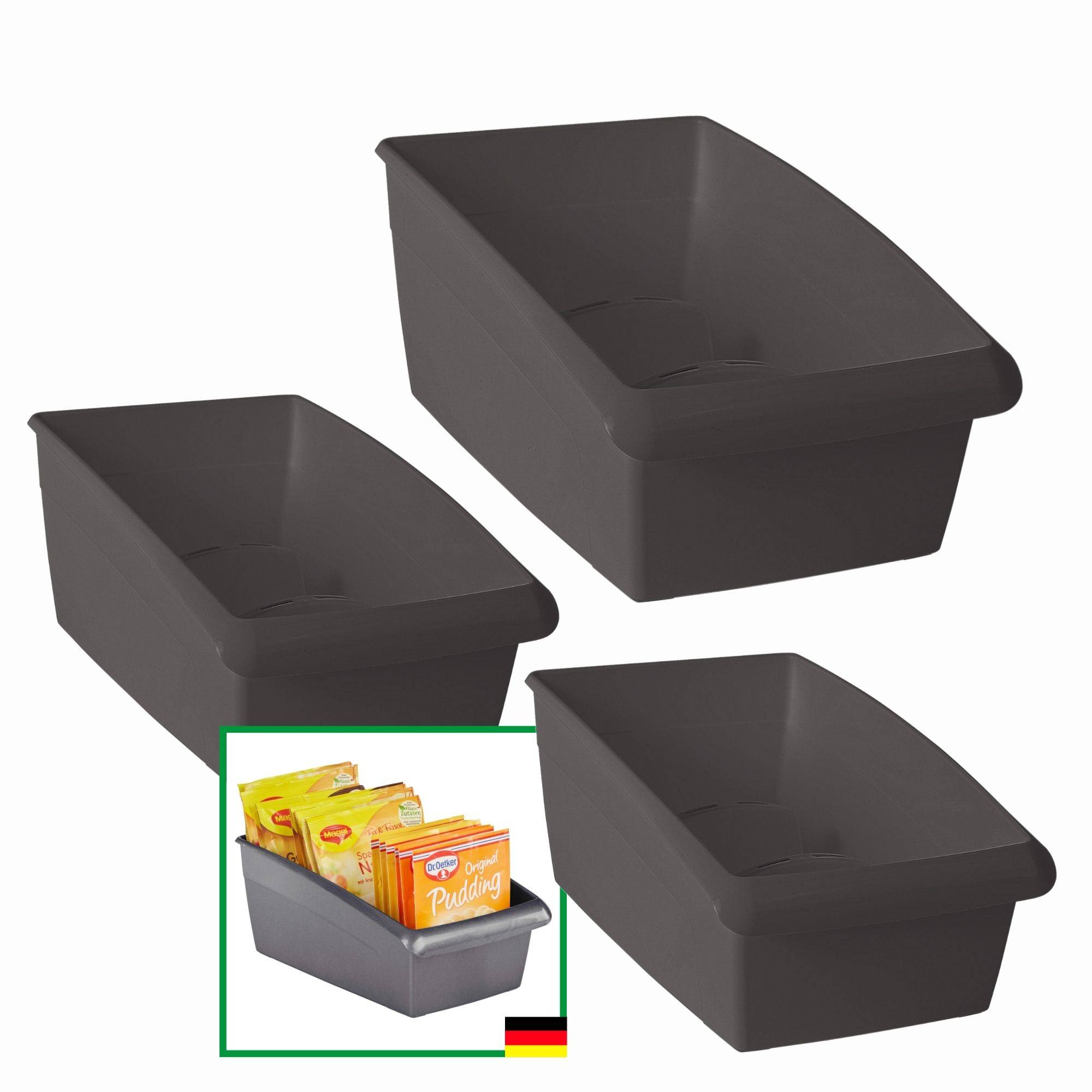 Novaliv Suppentütenboxen 3er Set - 2x klein & 1x groß ANTHRAZIT GRAU - Gewürzaufbewahrung Box - Ordnungssystem für Schubladen - Aufbewahrung & Org