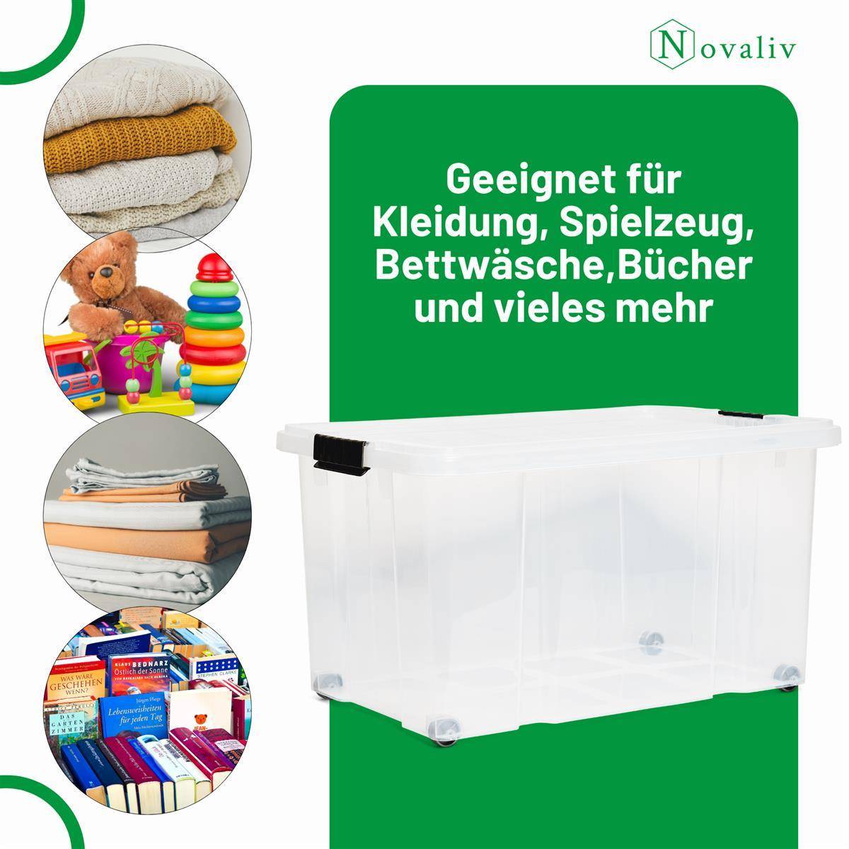 Novaliv Aufbewahrungsbox mit Deckel Groß 55L transparente Nestbar stapelbare Plastikbox mit Clipverschluss Eurobox mit Deckel BPA-frei 61x40x32,5 cm