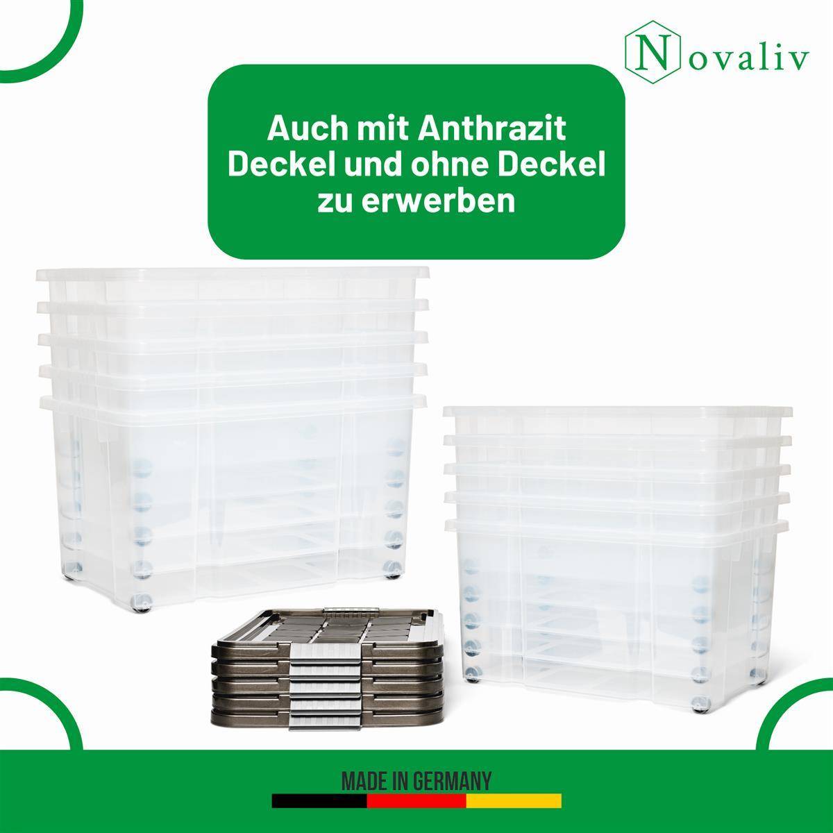 Novaliv Aufbewahrungsbox mit Deckel Groß 55L transparente Nestbar stapelbare Plastikbox mit Clipverschluss Eurobox mit Deckel BPA-frei 61x40x32,5 cm