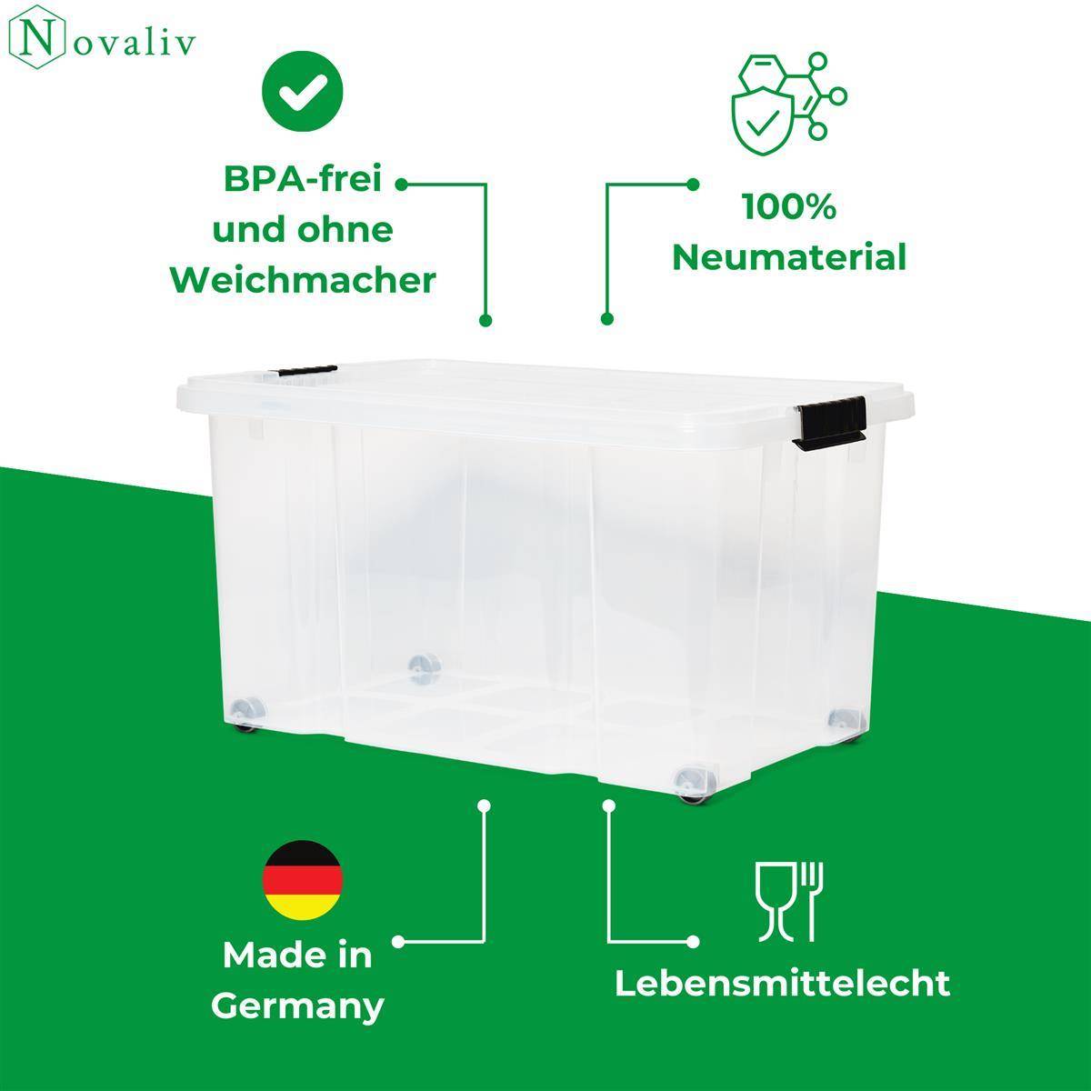 Novaliv Aufbewahrungsbox mit Deckel Groß 55L transparente Nestbar stapelbare Plastikbox mit Clipverschluss Eurobox mit Deckel BPA-frei 61x40x32,5 cm