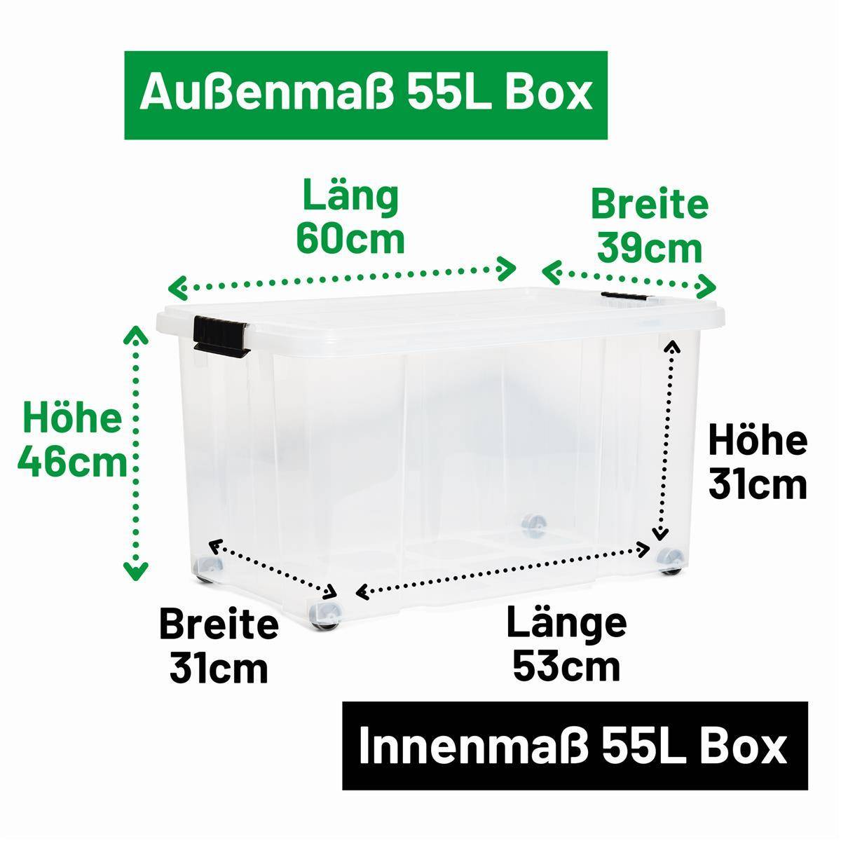 Novaliv 2x Aufbewahrungsboxen mit Deckel Groß 55L transparente Nestbar stapelbar mit Clipverschluss Rollboxen Kunststoff BPA-frei 61x40x32,5 cm