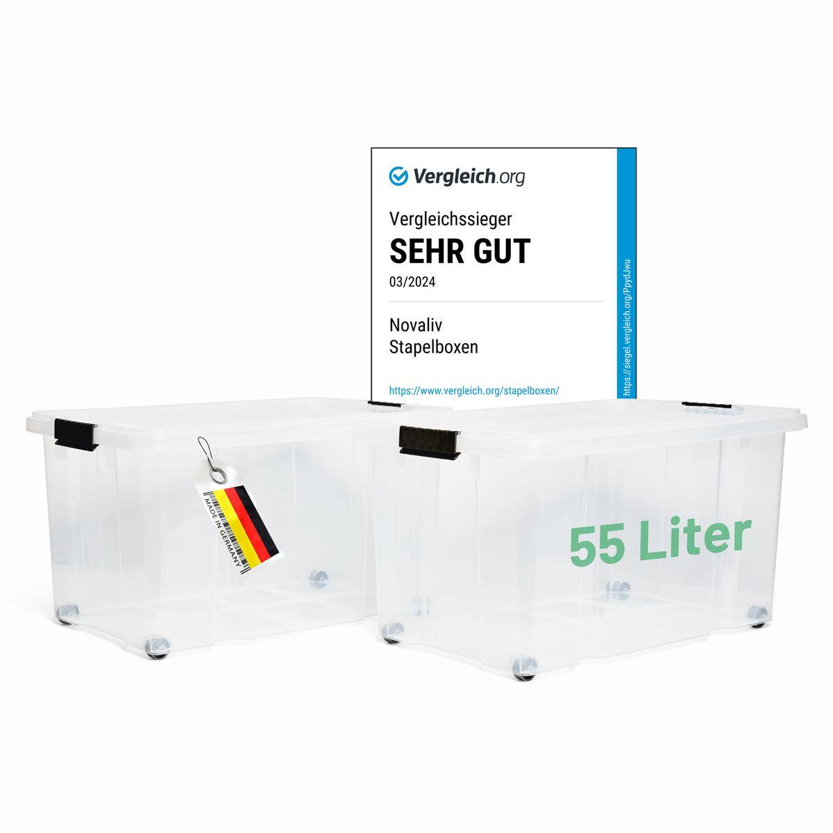 Novaliv 2x Aufbewahrungsboxen mit Deckel Groß 55L transparente Nestbar stapelbar mit Clipverschluss Rollboxen Kunststoff BPA-frei 61x40x32,5 cm