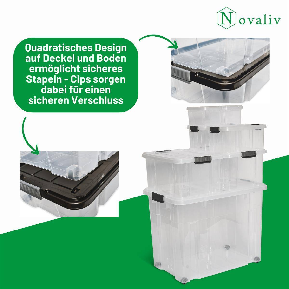 Novaliv 2x Aufbewahrungsboxen mit Deckel Groß 80L transparente nestbar stapelbar mit Clipverschluss Rollboxen Kunststoff BPA-frei 61x40x45 cm