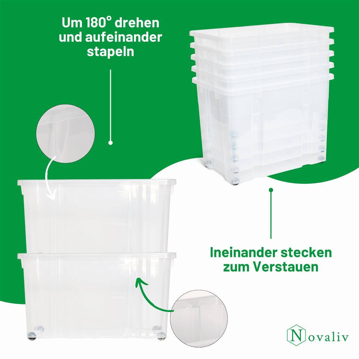 Novaliv 2x Aufbewahrungsboxen mit Deckel Groß 80L transparente nestbar stapelbar mit Clipverschluss Rollboxen Kunststoff BPA-frei 61x40x45 cm