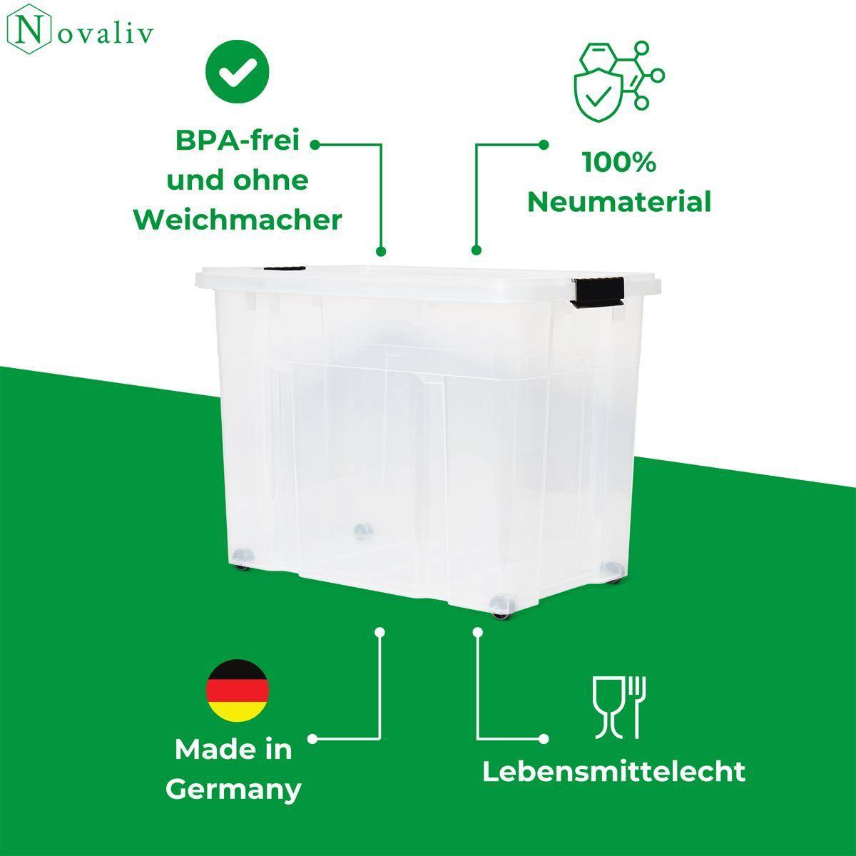 Novaliv 2x Aufbewahrungsboxen mit Deckel Groß 80L transparente nestbar stapelbar mit Clipverschluss Rollboxen Kunststoff BPA-frei 61x40x45 cm