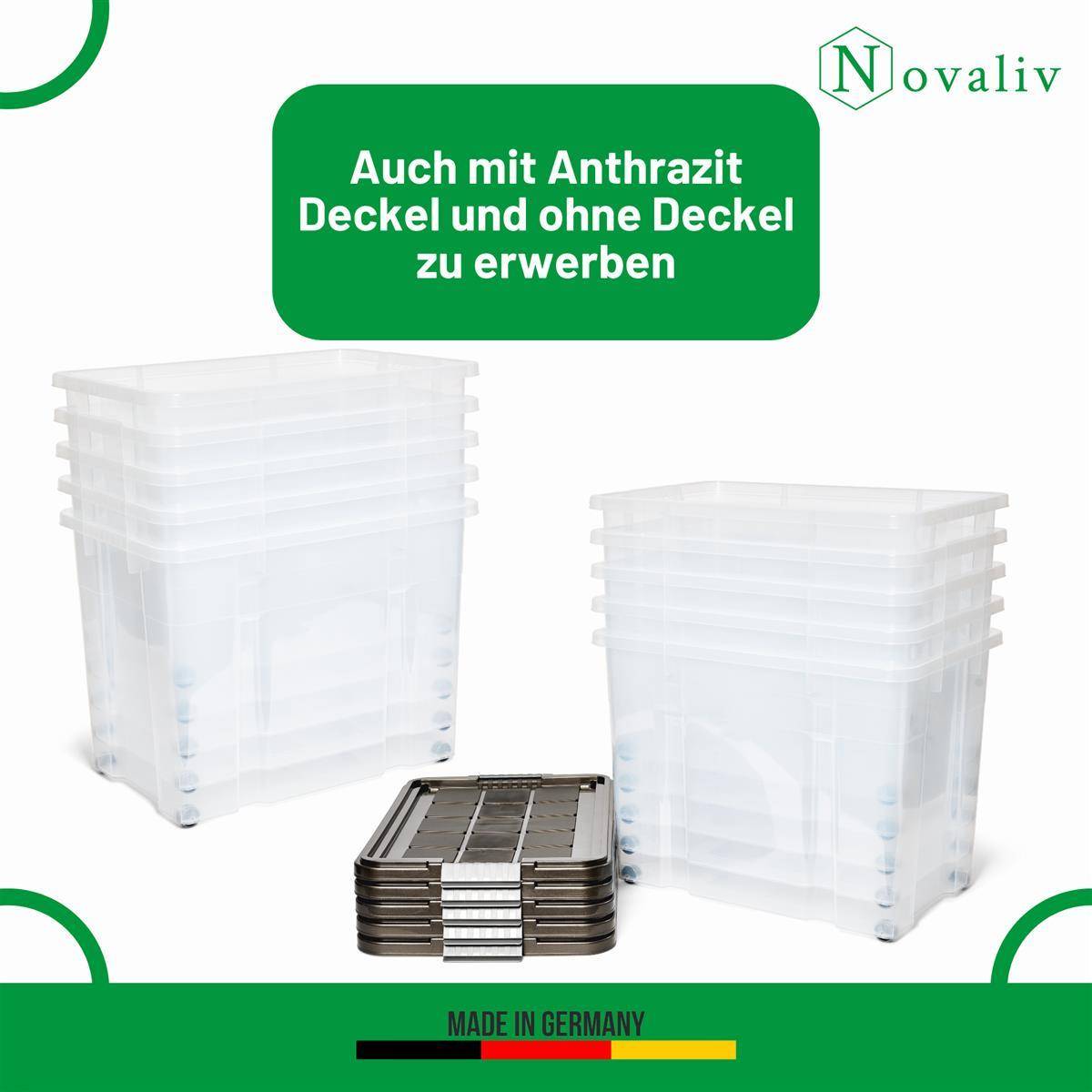Novaliv 2x Aufbewahrungsboxen mit Deckel Groß 80L transparente nestbar stapelbar mit Clipverschluss Rollboxen Kunststoff BPA-frei 61x40x45 cm