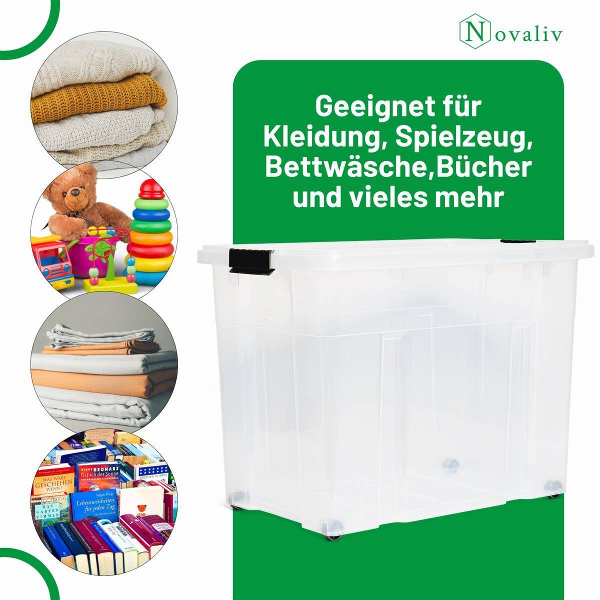 Novaliv 2x Aufbewahrungsboxen mit Deckel Groß 80L transparente nestbar stapelbar mit Clipverschluss Rollboxen Kunststoff BPA-frei 61x40x45 cm