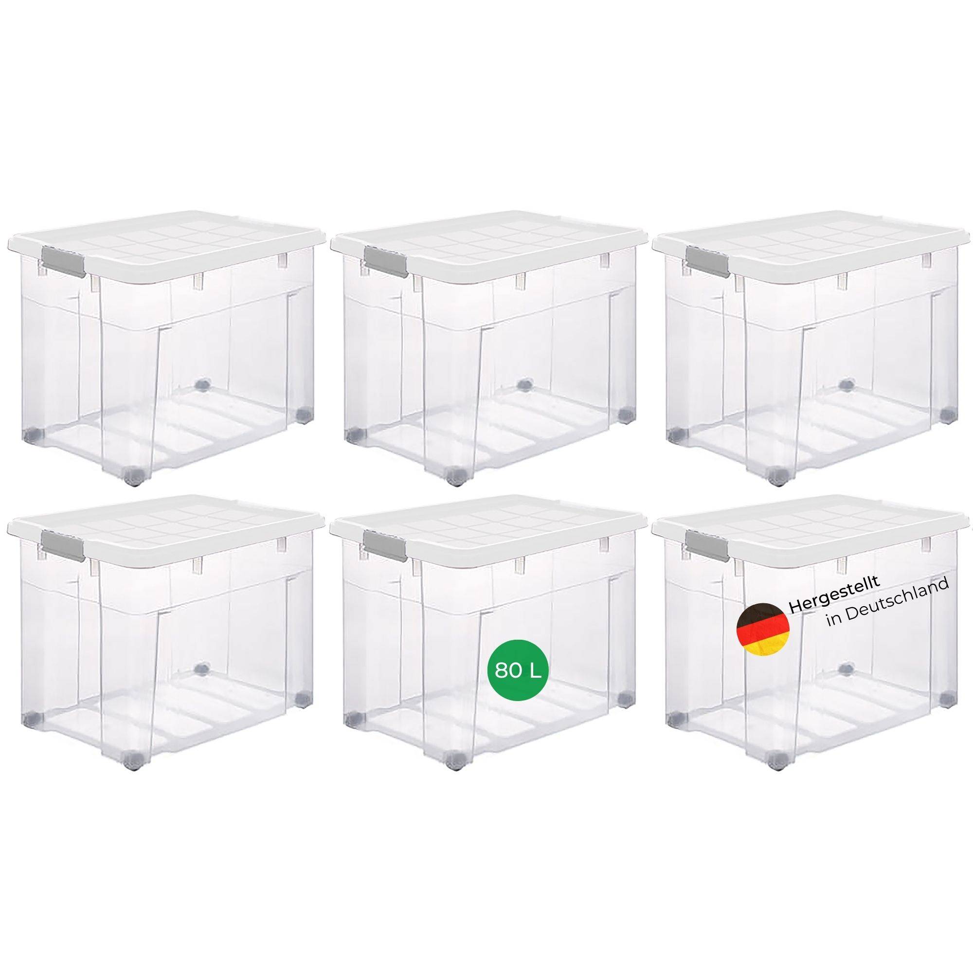 Novaliv 6x Aufbewahrungsboxen mit Deckel Groß 80L transparente nestbar stapelbar mit Clipverschluss Rollboxen Kunststoff BPA-frei 61x40x45 cm