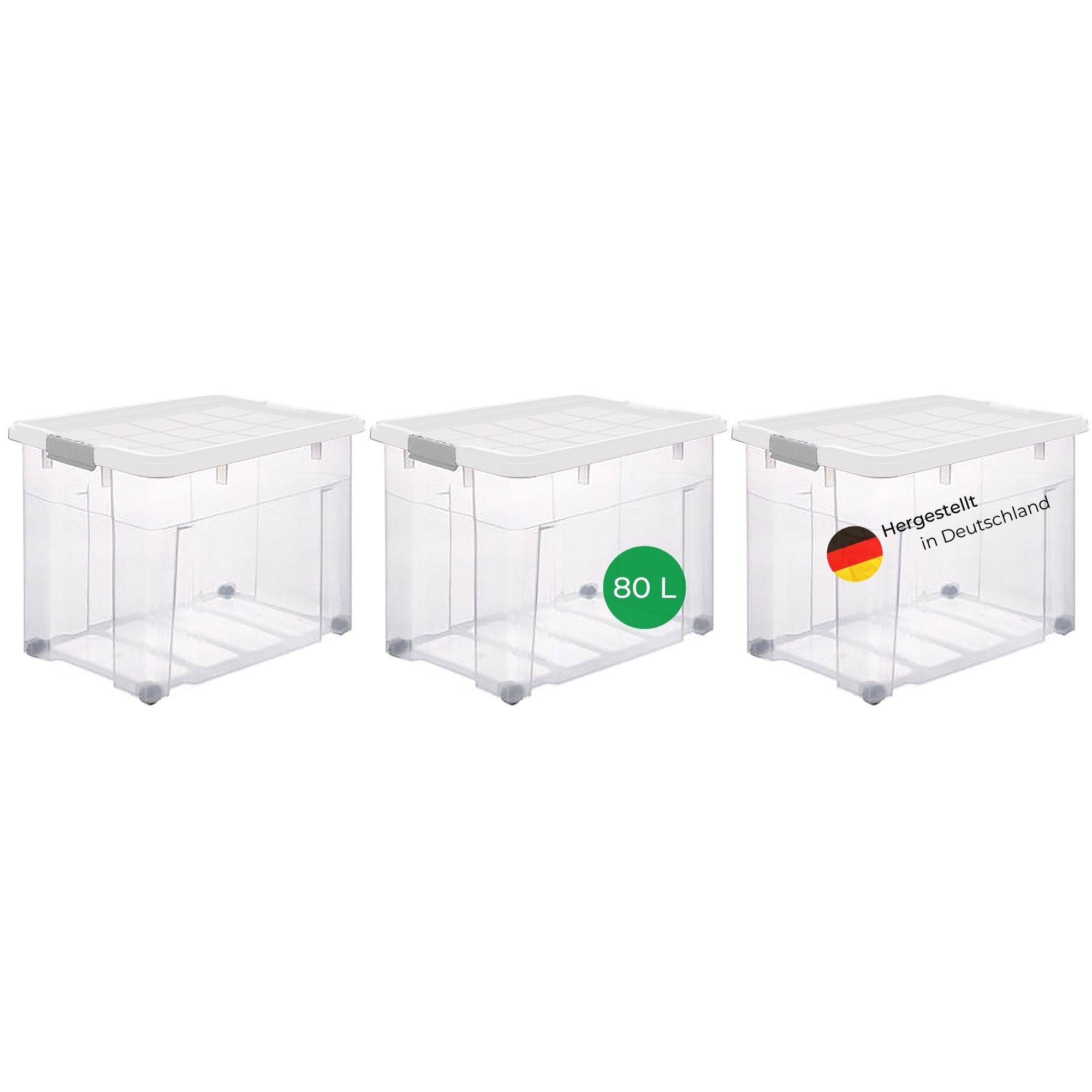 Novaliv 3x Aufbewahrungsboxen mit Deckel Groß 80L transparente nestbar stapelbar mit Clipverschluss Rollboxen Kunststoff BPA-frei 61x40x45 cm