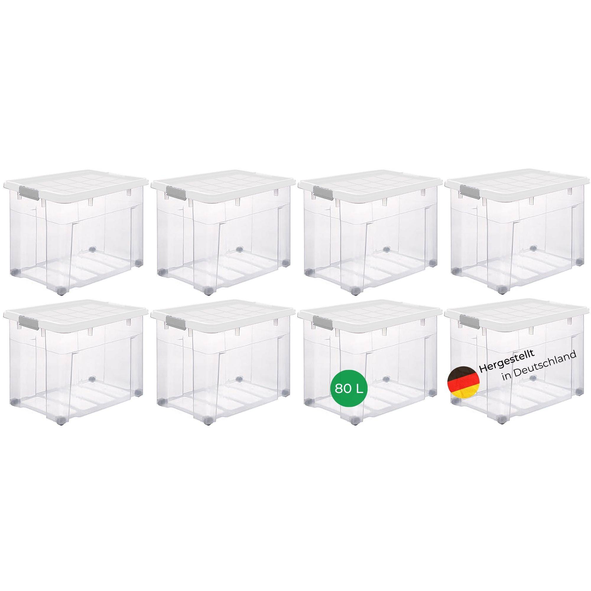 Novaliv 8x Aufbewahrungsboxen mit Deckel Groß 80L transparente nestbar stapelbar mit Clipverschluss Rollboxen Kunststoff BPA-frei 61x40x45 cm