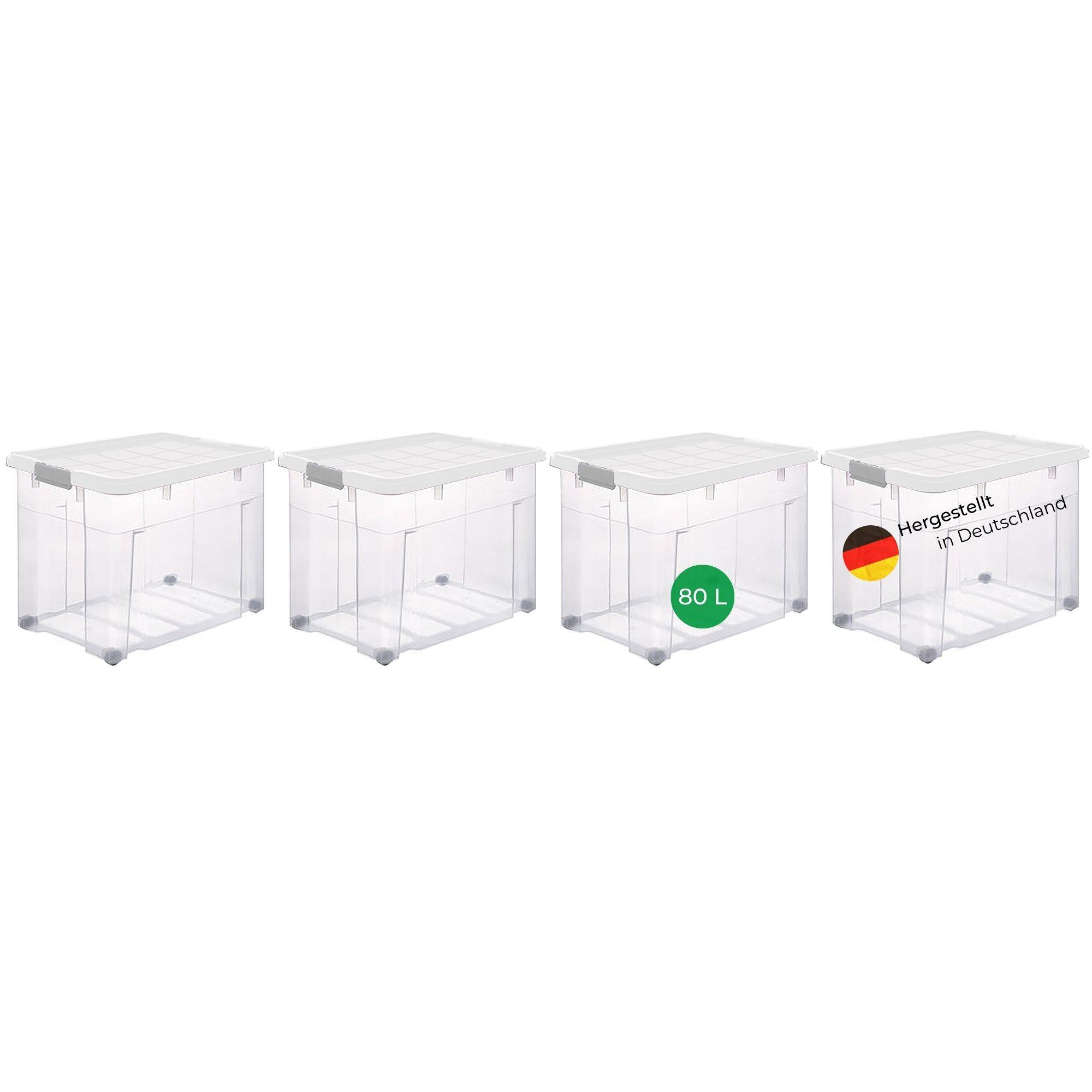 Novaliv 4x Aufbewahrungsboxen mit Deckel Groß 80L transparente nestbar stapelbar mit Clipverschluss Rollboxen Kunststoff BPA-frei 61x40x45 cm